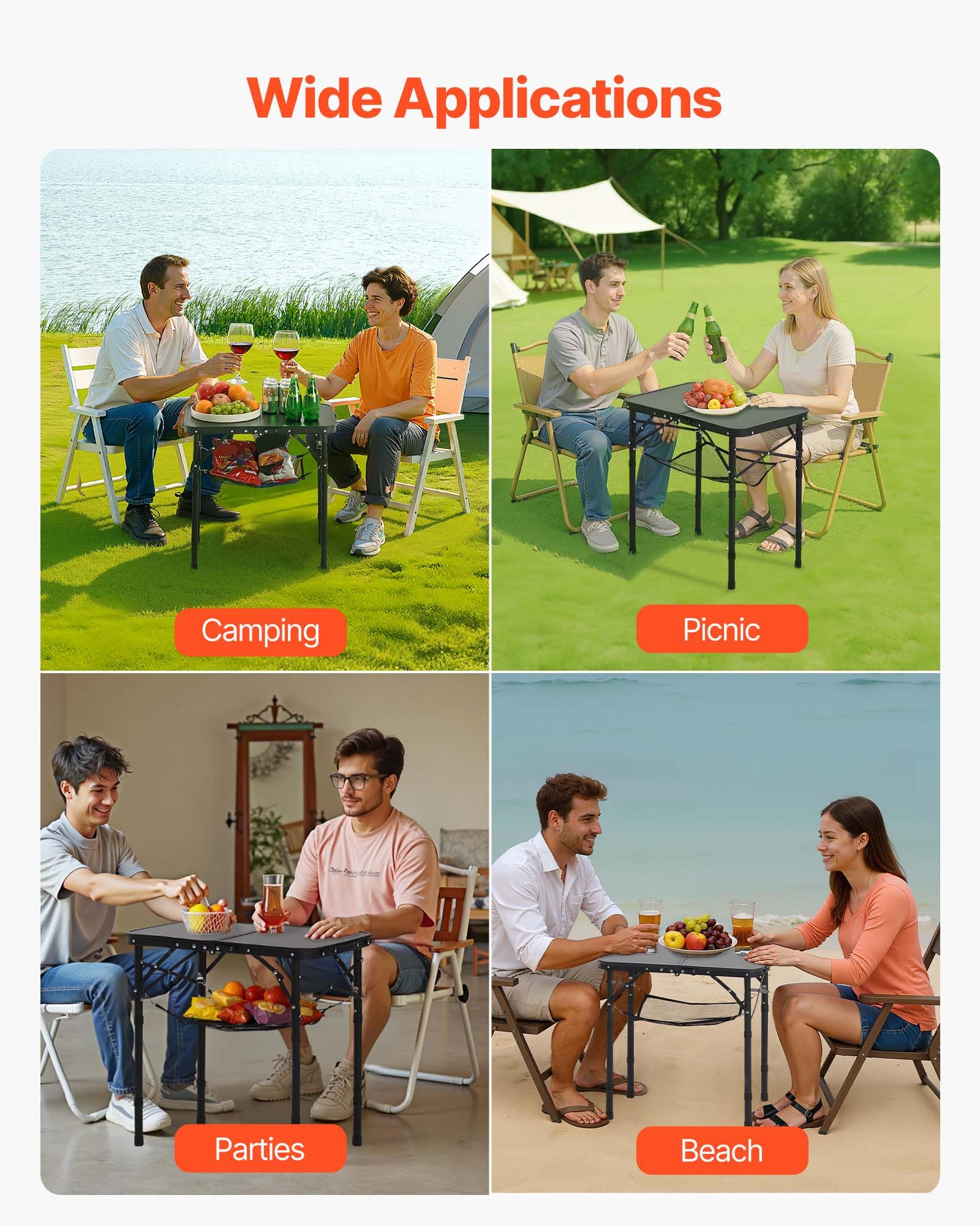 VEVOR Tavolo da Campeggio Pieghevole 600 x 400 mm Tavolo da Spiaggia in Alluminio MDF con Strato in Rete, Maniglia per Trasporto, Leggero e Compatto per Picnic all'Aperto, Barbecue, Nero