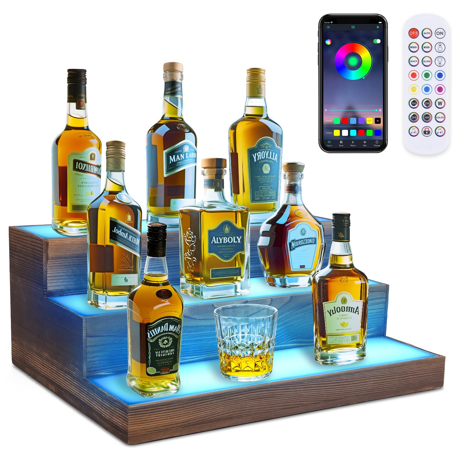 Portabottiglie a 3 ripiani con luce LED per bottiglie di liquori, in acrilico, illuminazione RGB, per casa, commerciale, bar, feste, in legno massello