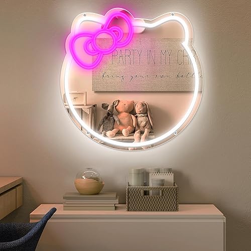 Miniatura 2 de Letrero de neón con espejo de gato de anime para decoración de pared, decoración de habitación de Hello Cat, bonito espejo de tocador con luz LED de
