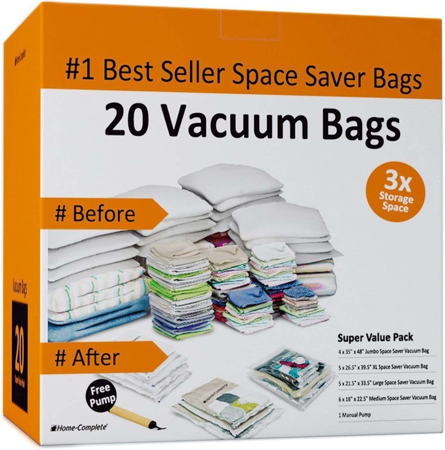 Home Complete Space Saver Vacuum Bags, 20 pack with Pump