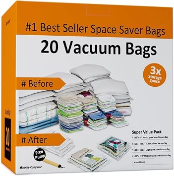20 Vacuum Sealer Bags – Compression Bags for Travel, Clothes, and Blanket Storage – Airtight Space Saver Pouches in 4 Sizes and Pump by Home-Complete