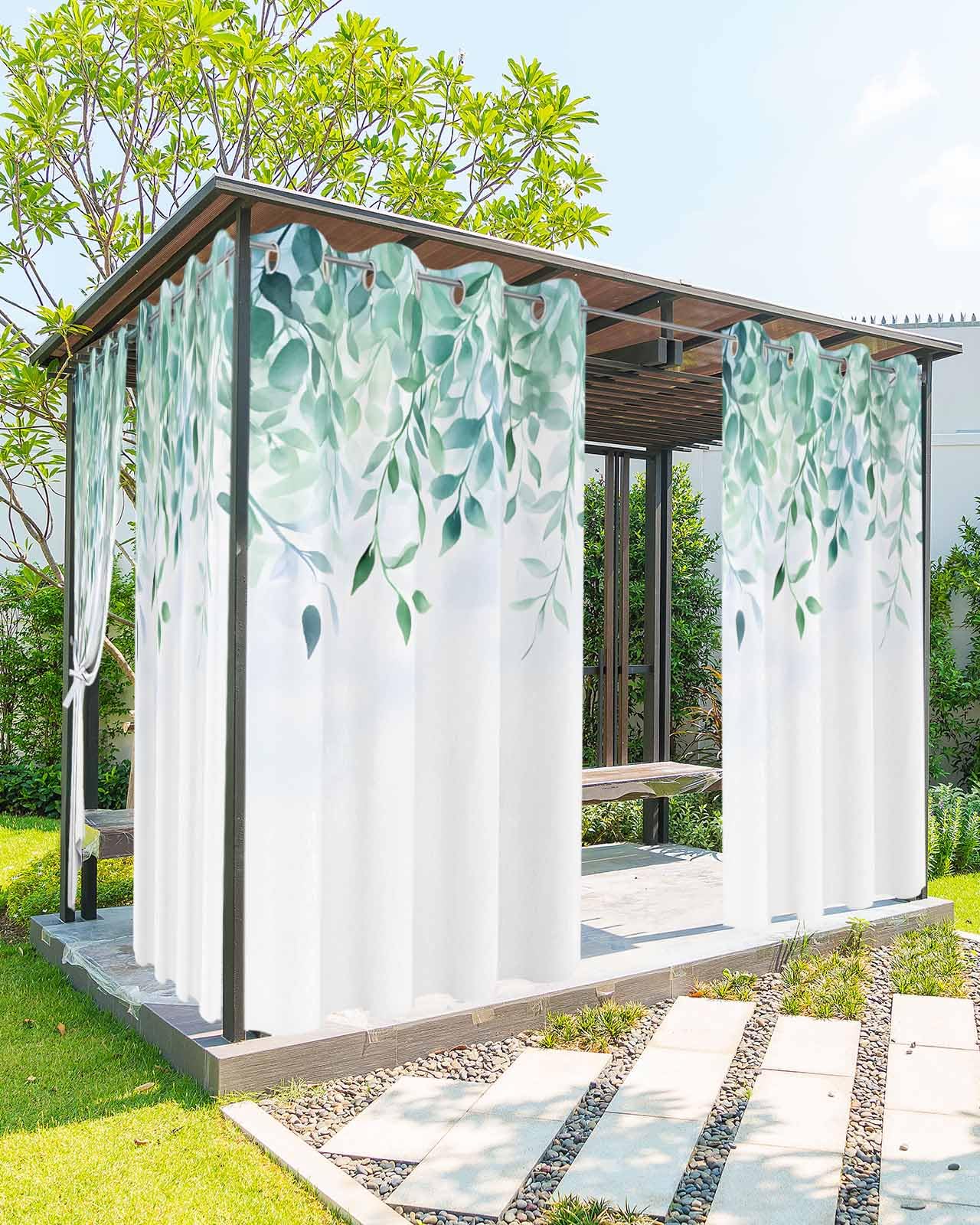 EZON-CH Outdoor Curtain for Patio Waterproof, Green Eucalyptus Leaf Spring Plants Outside Curtains with Grommet Top Curtain Panels Drapes for Pergola, Gazebo, Balcony 54