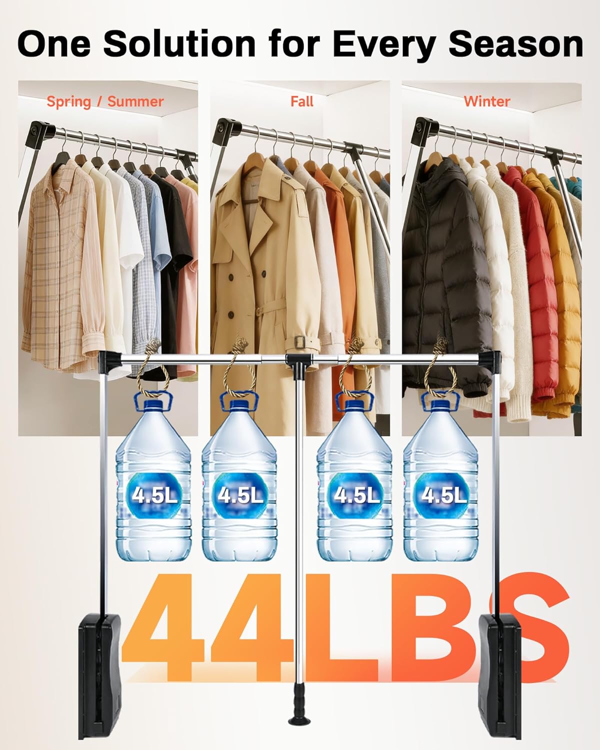 Pull Down Closet Rod 32-45 Inch, 44 lbs Capacity for Hanging Clothes, Polished Metal Wardrobe Lift Rail Organizer with Two-way Buffering, Side-Mounted for Cabinets/Wardrobes