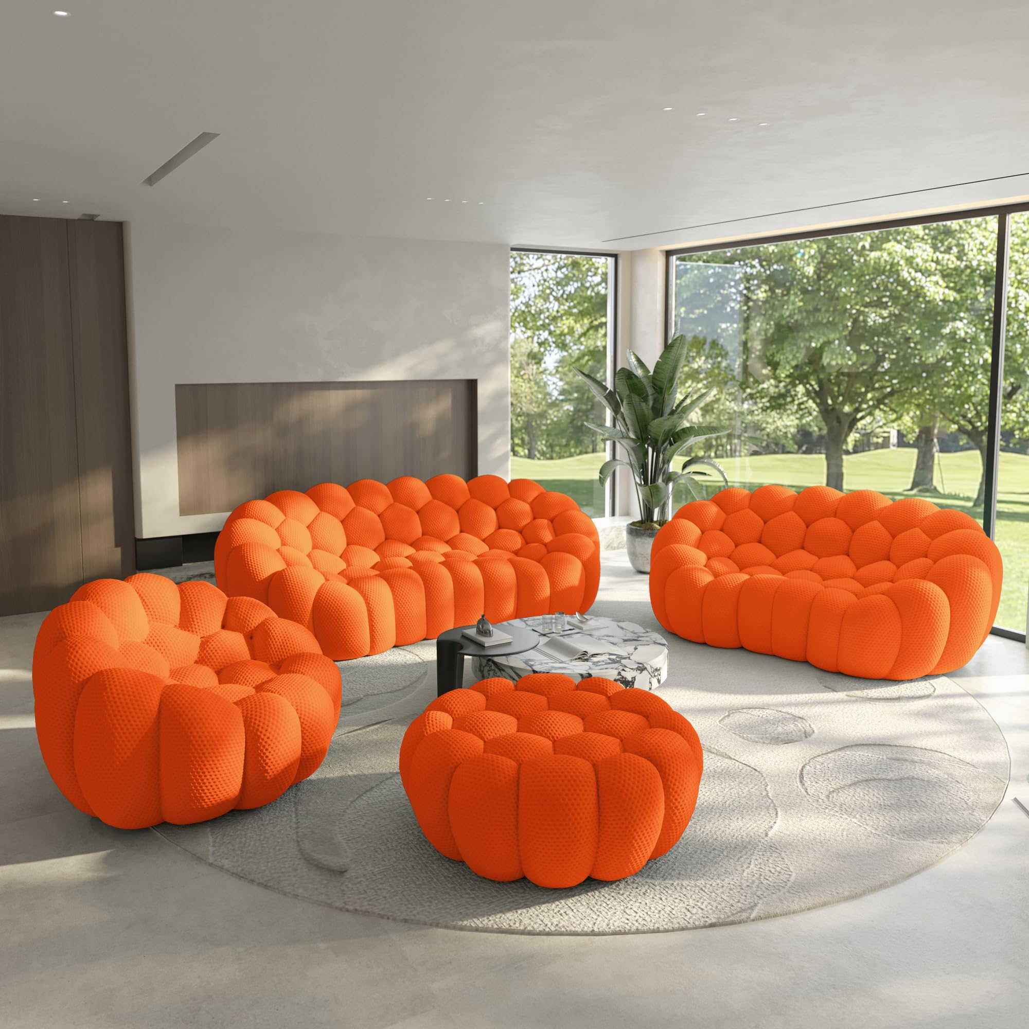 Bubble Couch for Living Room, Bubble Sofa Curved Couch Set, Comfy Upholstered Floor Sofa, Mesh Fabric 3D Honeycomb Shape Modern Couches for Living Room, Apartment (Orange, 98+78+49+41")