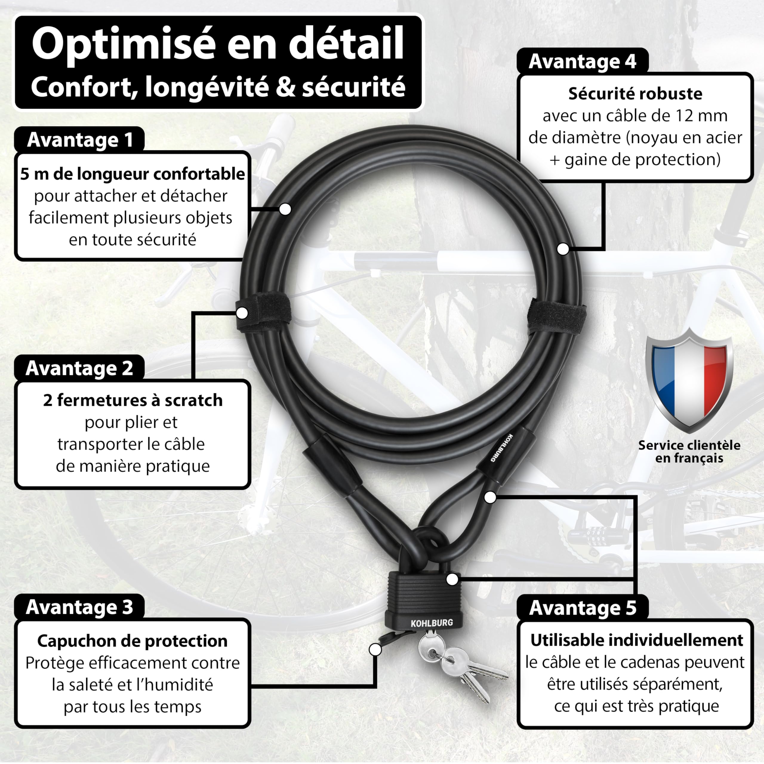 KOHLBURG Cable antivol de 5 mètres – cadenas velo à 3 clés – 500 cm de long | Câble 5 m pour vélo & mobilier de jardin – fermeture par simple pression – comme anti vol vélo, antivol remorque et poussette
