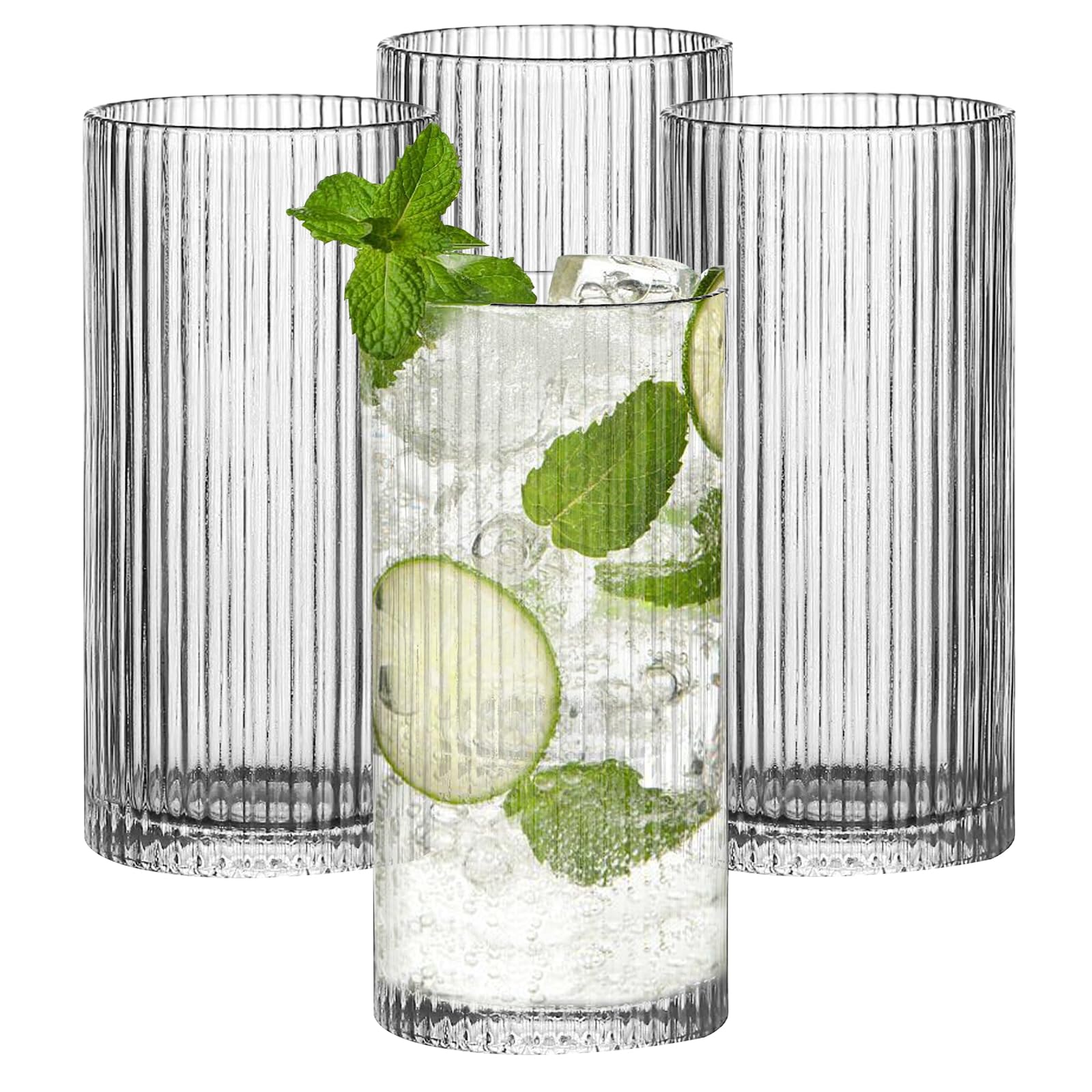Set di 4 bicchieri lunghi drink scanalati da 360 ml: tazze da caffè, bicchieri in vetro trasparente, vetro di alta qualità, tazze da caffè per tè, latte, whisky, succhi, mojito