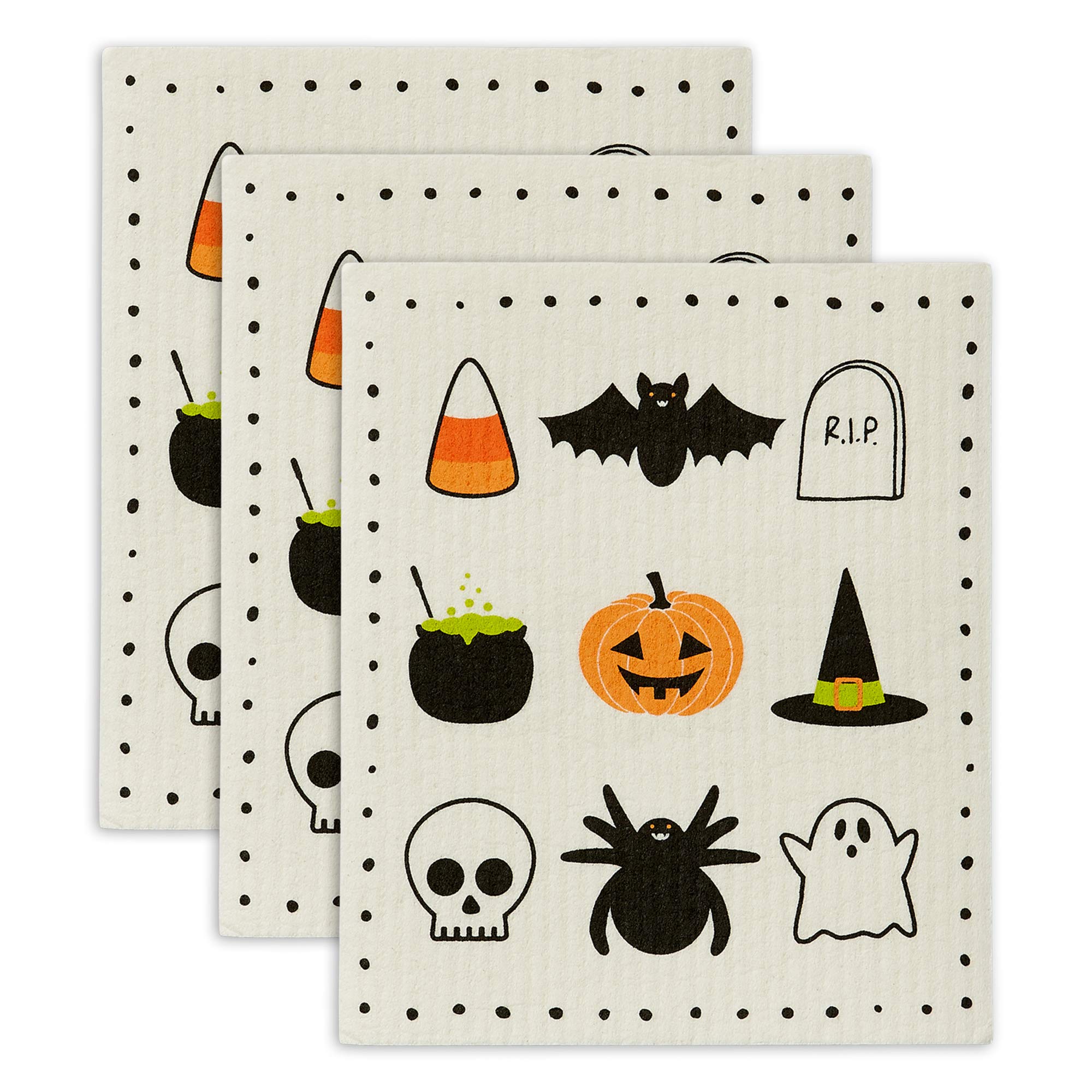 DII Swedish Dishcloths for Kitchen & Cleaning, Reusable, Machine Washable & Dishwasher Safe, Biodegradable, 7.75 x 6.75, Spooky, 3 Piece