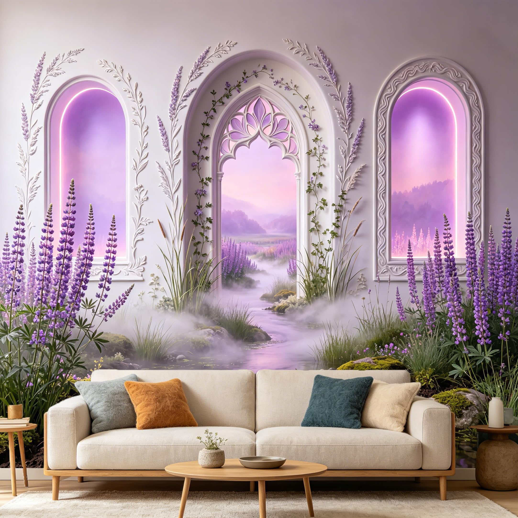 Custom Size Wall Mural， 3D Romantic Purple Flower Archway Landscape， Misty River Water Scenery， SelfAdhesive Art Prints wall Fabric Removable Large Wallpaper Home Living Room Decor