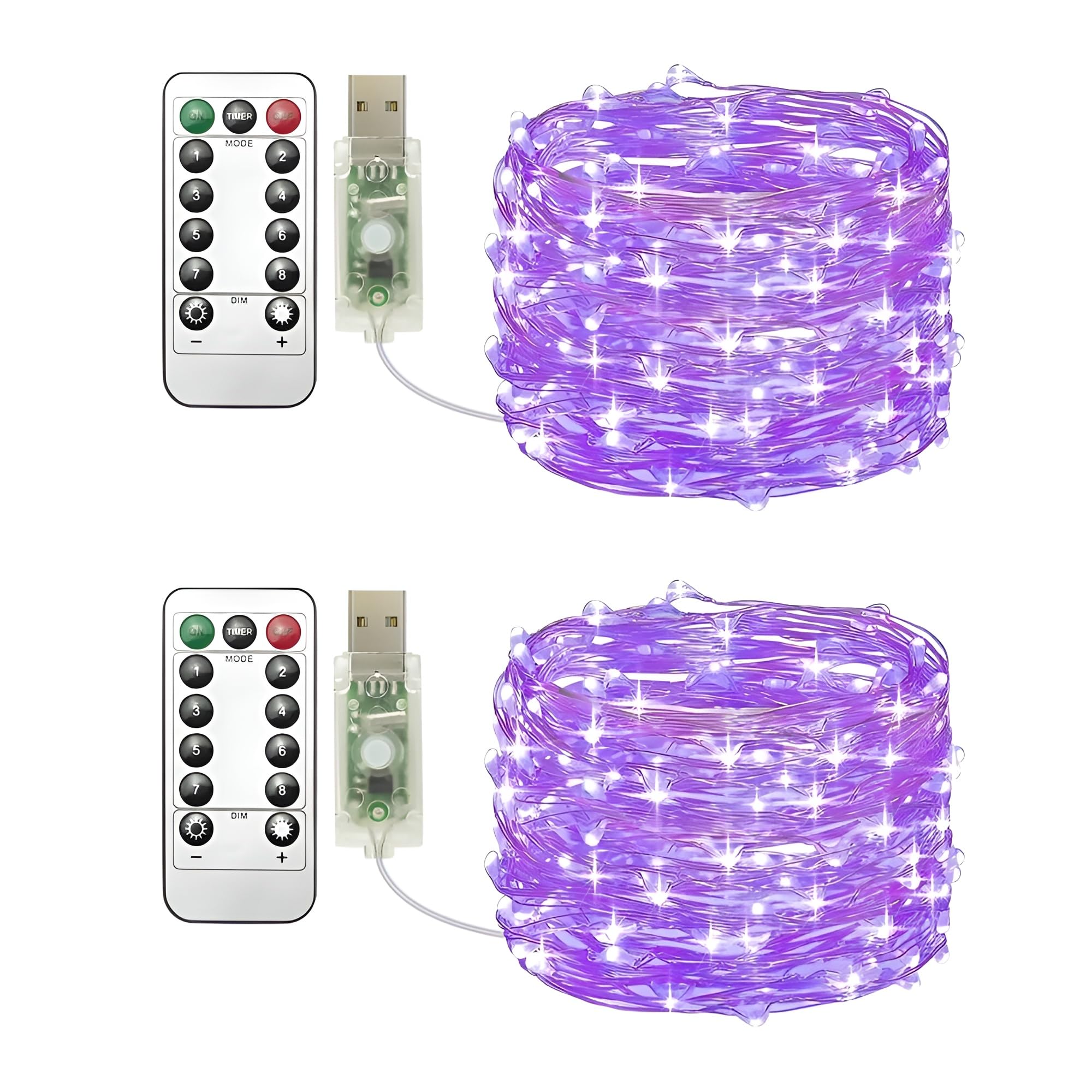 Clearhill USB Fairy Lights 2Pack,33ft/10M Pruple 100LED USB Cooper Wire String Lights with Remote Control, 8 Modes, Timing & Dimmable for Christmas Bedroom Indoor Outdoor Decor