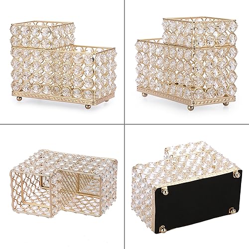 Miniatura 8 de ELLDOO Soporte para brochas de maquillaje de cristal dorado, organizador de cosméticos de 2 ranuras, centro de almacenamiento, delineadores de ojos