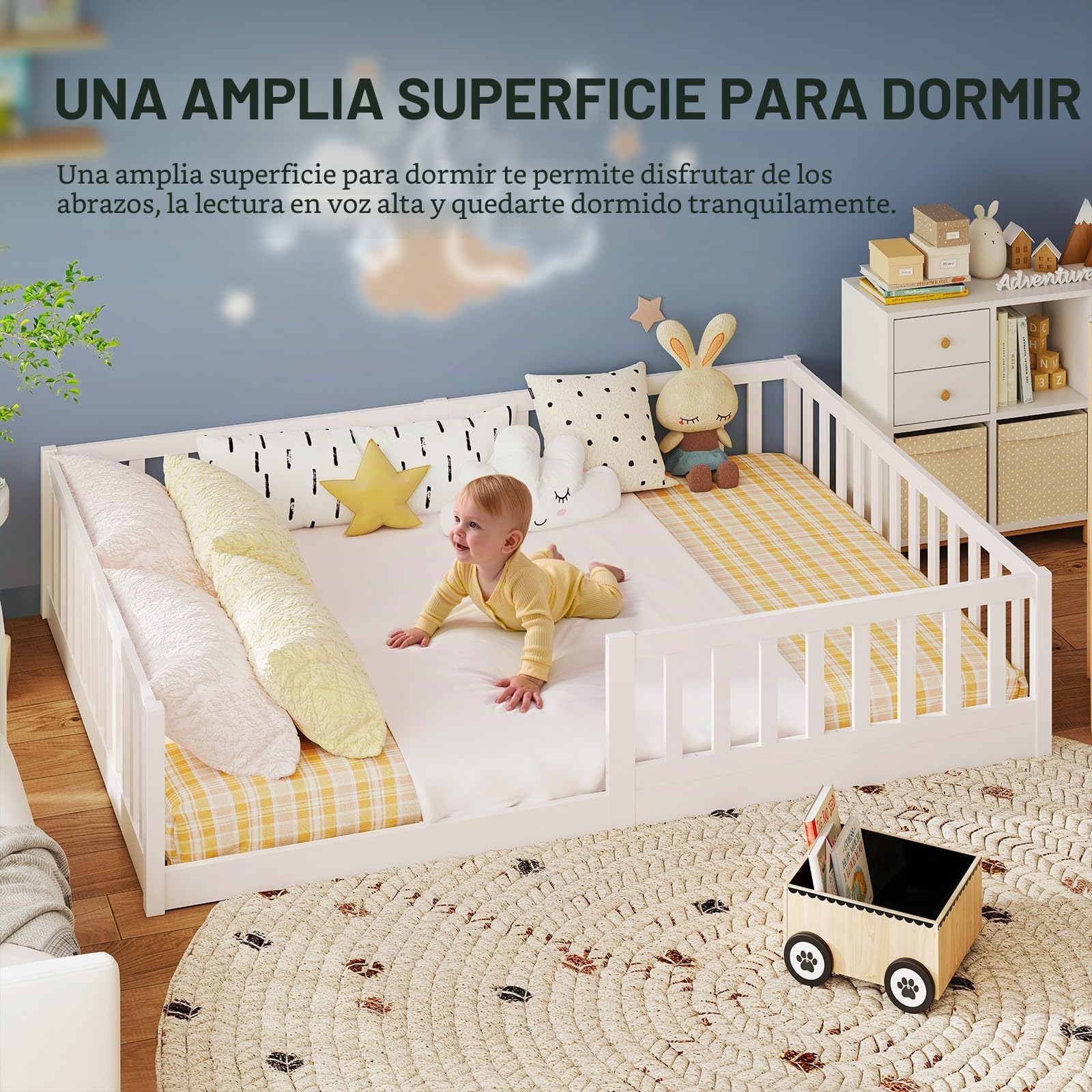 labebe Cama baja para niños 140 x 200, cama Montessori de madera maciza blanca con barandillas de seguridad y somier (colchón no incluido) Adecuada para niños y bebés