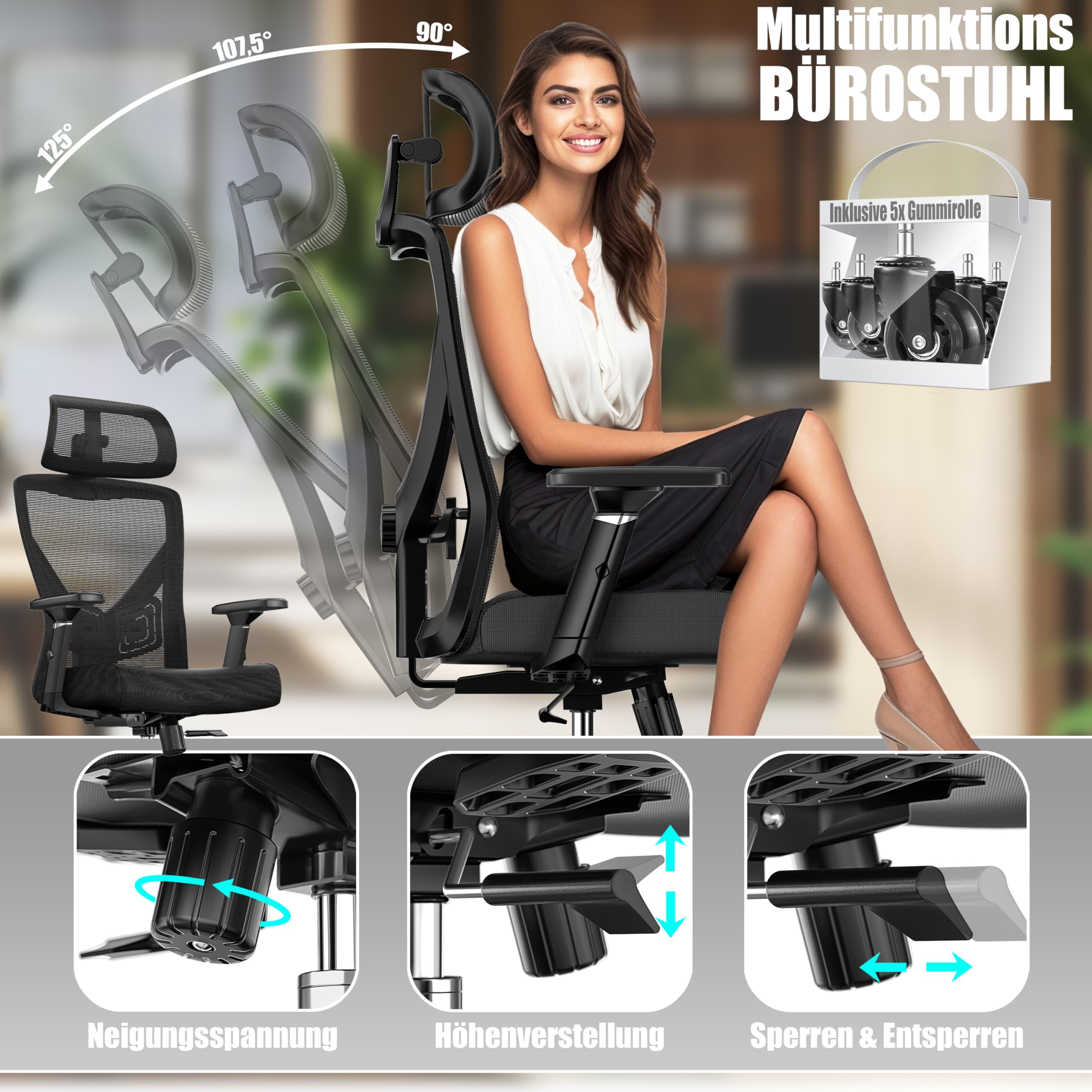 KESSER® Bürostuhl Ergonomisch mit verstellbaren Armlehnen | Drehstuhl mit Lendenwirbelstütze Rückenschonend | Schreibtischstuhl mit Kopfstütze | Office Chair Wippfunktion bis 125° mit 5X Gummirollen