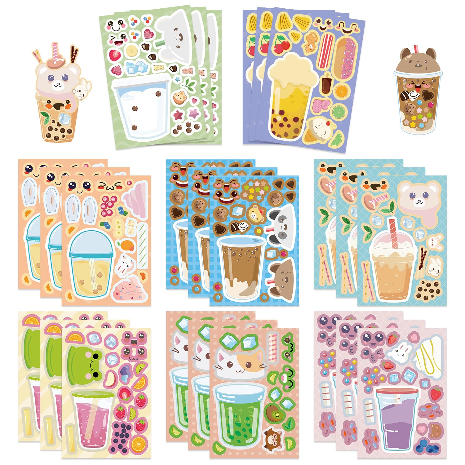 24 Sheets Cartoon Make a Face Stickers, DIY Stickers for Kids, Make Your Own DIY Sticker for Party Bags, Art Crafts Supplies for Birthday Party Favors, Classroom Rewards and Play (Bubble Tea)