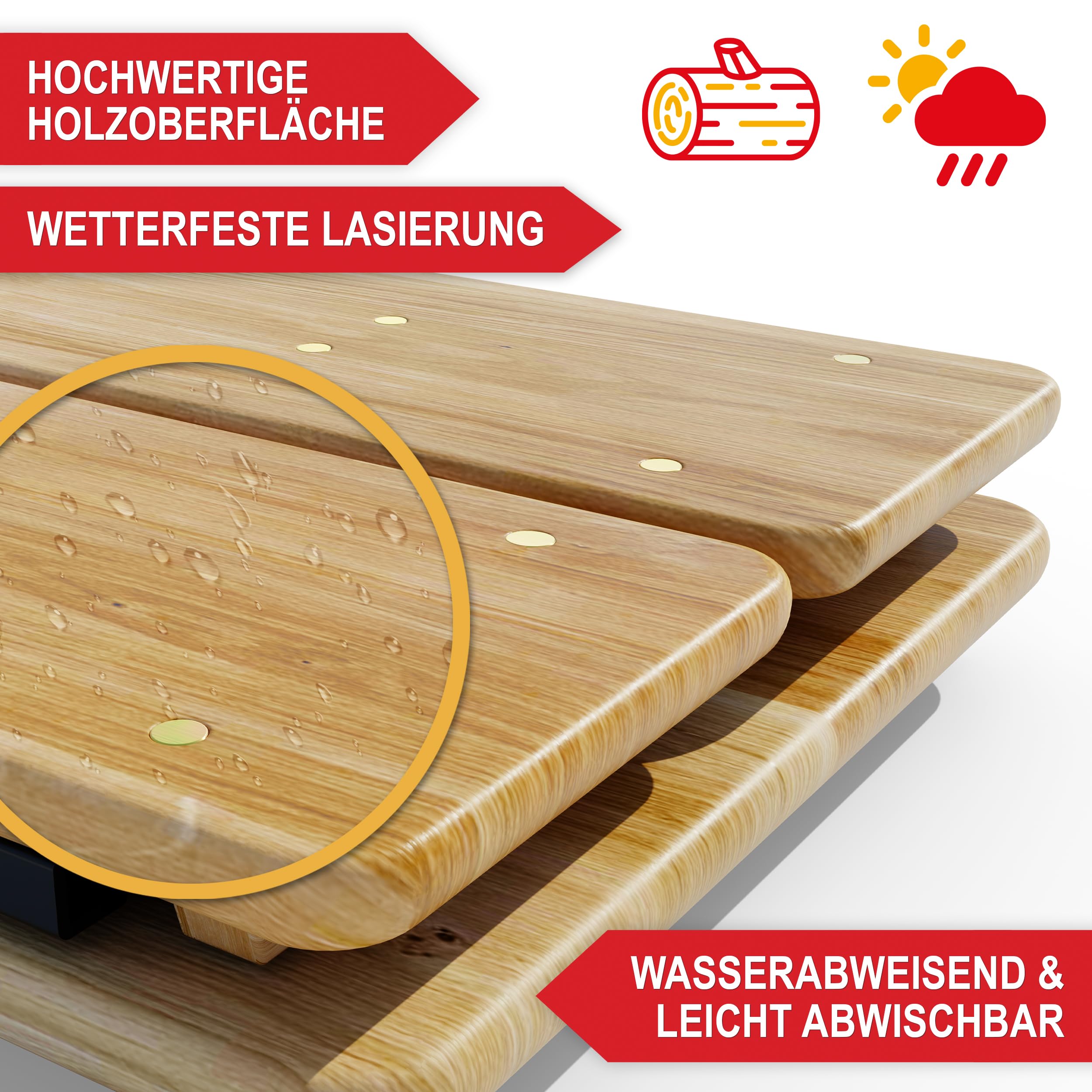 Onbest Bierzeltgarnitur für 8 Personen – 3 teilig – Modernes schwarzes Gestell – Tisch & 2 Bänke im Set – Biertischgarnitur mit Bodenschoner – klappbar – Holz lackiert – 177 x 46 x 75 cm