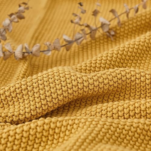 Miniatura 3 de Longhui bedding Manta de punto trenzado de algodón amarillo mostaza para sofá, cama, manta de punto ligera decorativa para el hogar con bolsa de