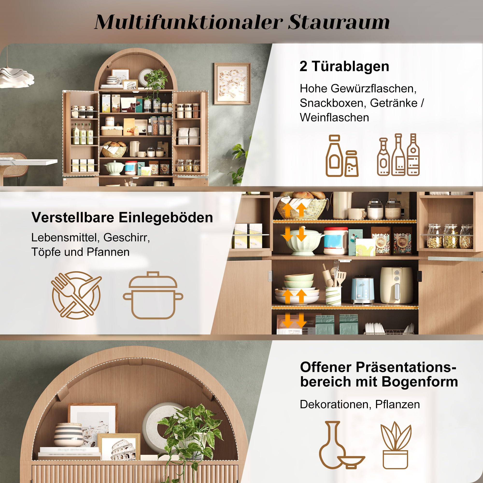 BTM Küchenschrank mit Türablagen und Offene Vitrine, Minimalistisch Bogenschrank Wohnzimmerschrank 180cm Holzoptik