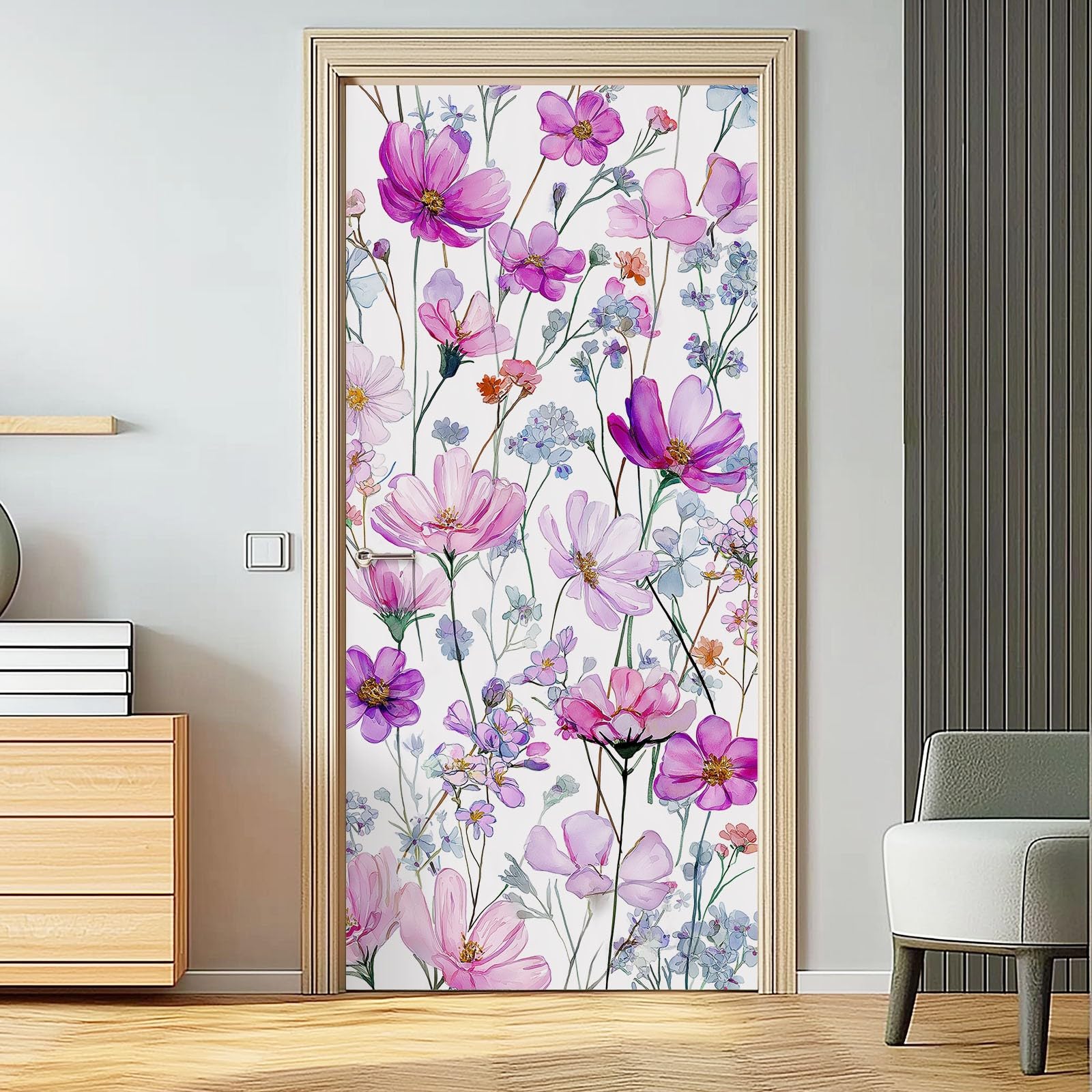 Naklejka na drzwi 3D, samoprzylepna, PCW, 90 x 200 cm, zdejmowana, fioletowa, wodoszczelna, do sypialni, kuchni, łazienki, biura, dekoracja drzwi - akwarela, kwiaty, motyw kwiatowy, naklejka na drzwi