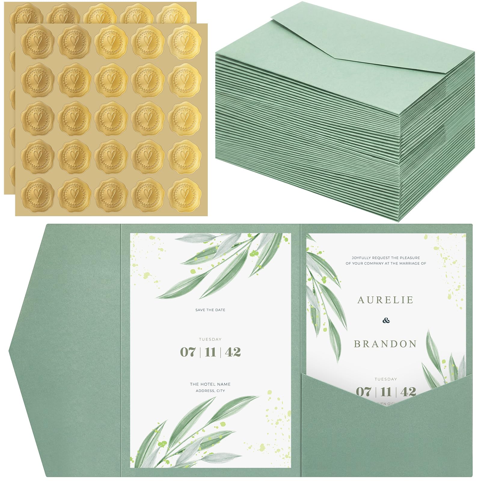 Tenare Sobres de Papel Plegables y Sellos de Cera Autoadhesivos para Sobres DIN A6 Tarjetas de Invitaciones de Boda Tarjeta de Boda de Cumpleaños(Verde Claro,50 Unidades)