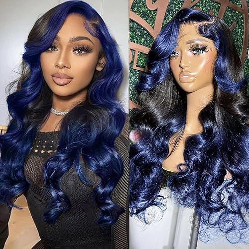 YMS Ombre Blue Human Hair Wigs for Black Women 150% Density Lace Front Wigs Human Hair Glueless Wigs Pre Plucked Human Hair (28 Inch,Ombre Blue)