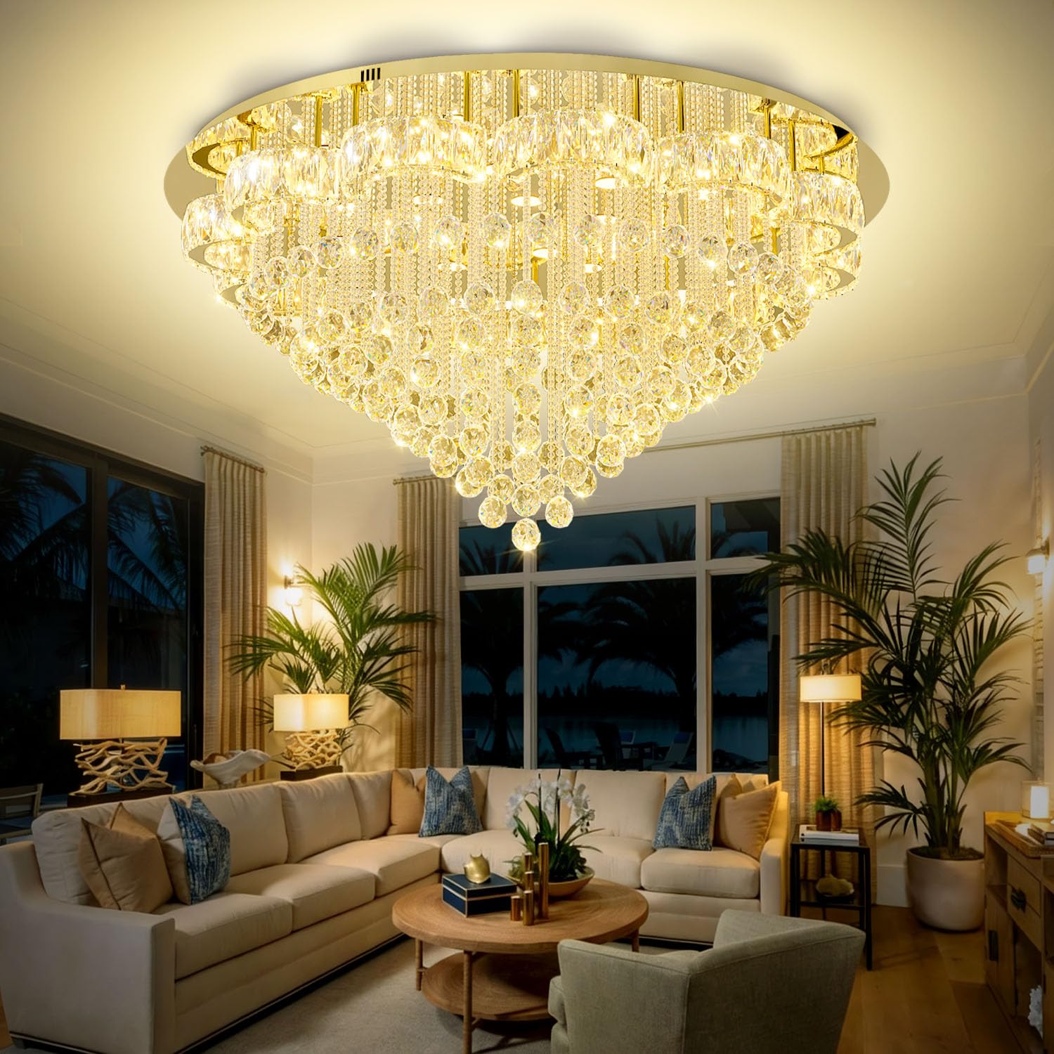 Photo 1 of Flashing God 48inches Gold Crystal Chanderliers for Living Room Entryway Modern Crystal Folwer Ceiling Light for Foyer Interior LED Dimmable Lighting 2700k 4500k 6000k