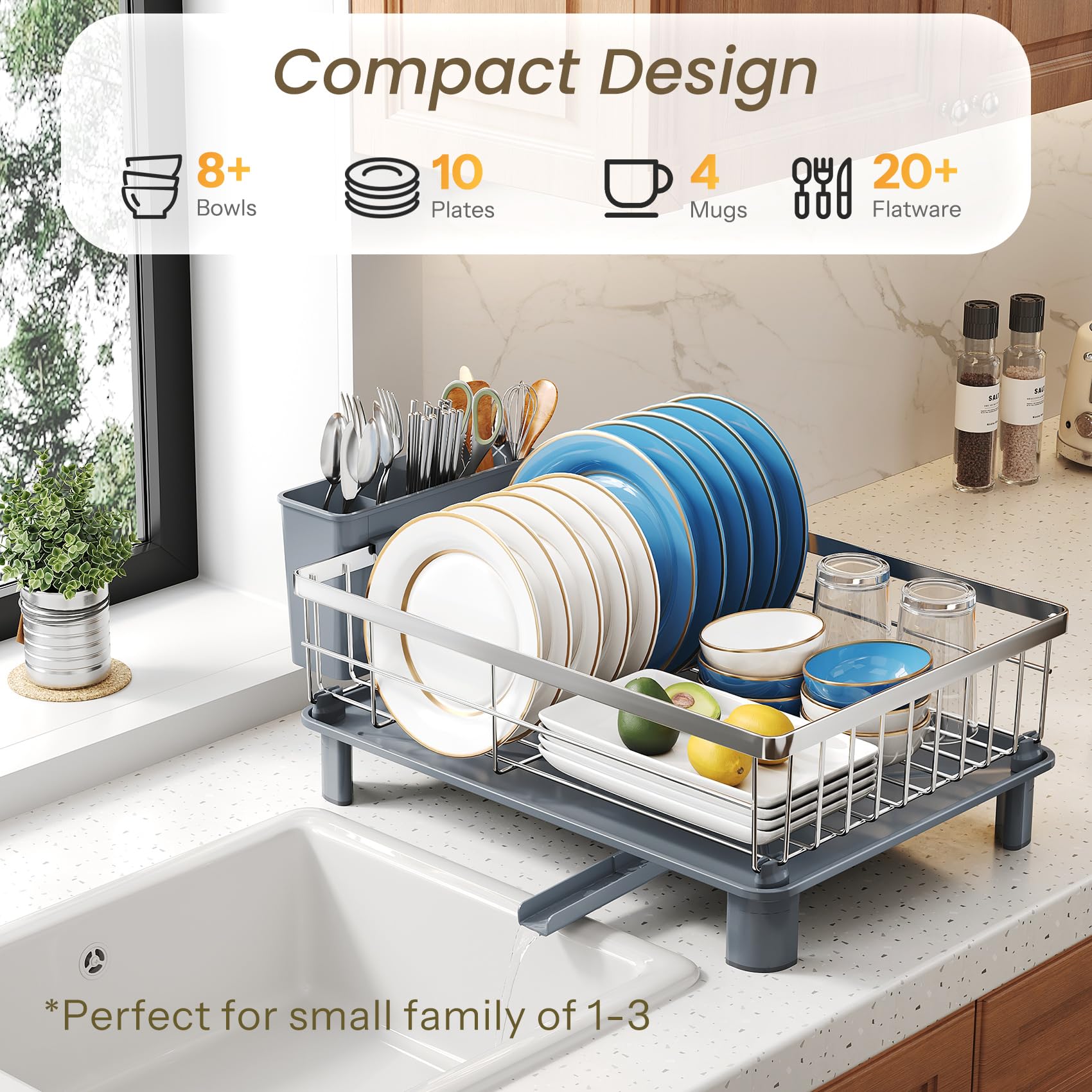 SNTD Égouttoir à vaisselle pour petit comptoir de cuisine, 27,9 cm de large x 38,1 cm de long, argenté | Gain de place, bec rotatif et égouttoir incliné pour un drainage rapide, en acier inoxydable, porte-ustensiles amovible