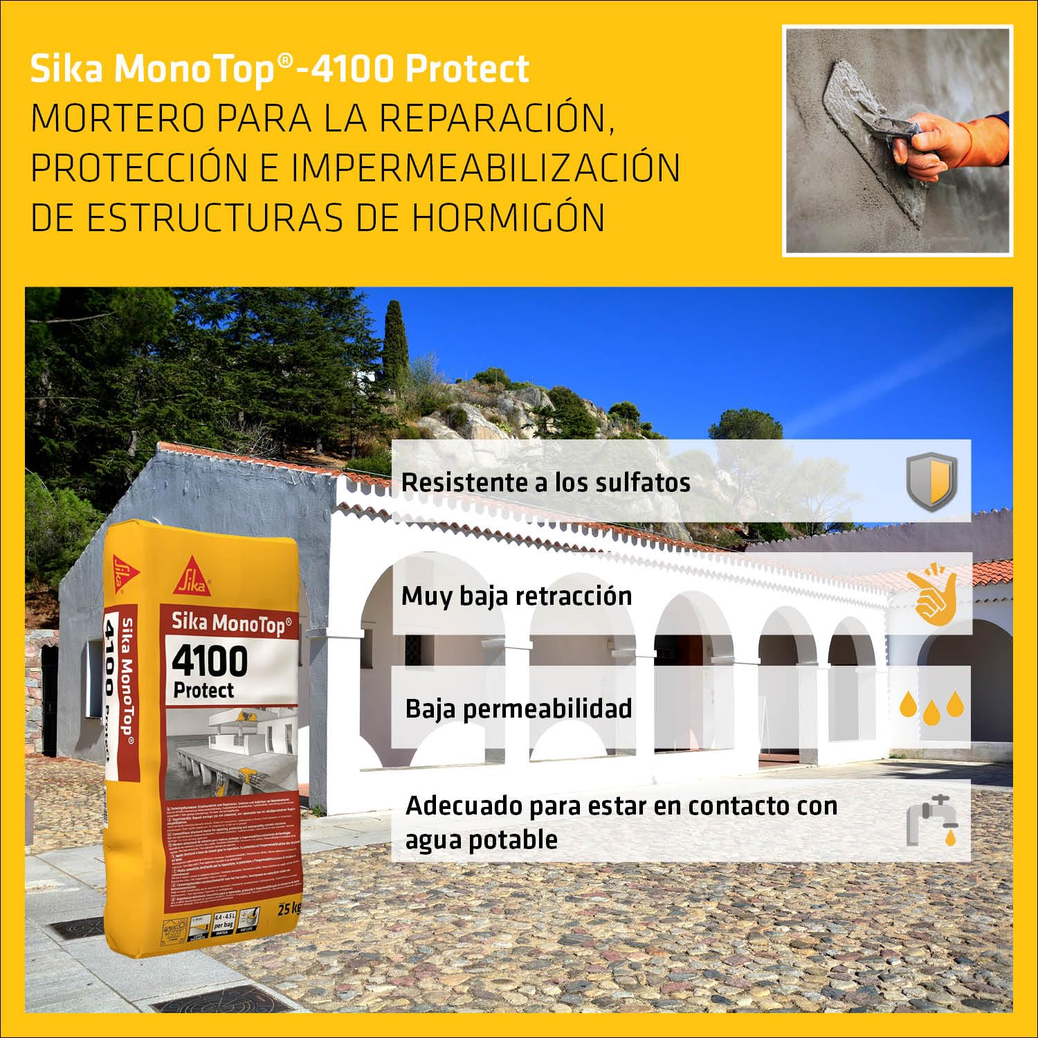 SIKA - Mortero cementoso reparación R4 - SikaMonoTop-4100 Protect - 25kg | Reparación y protección de hormigón armado - Impermeabilización - Clase R4 - Alto rendimiento