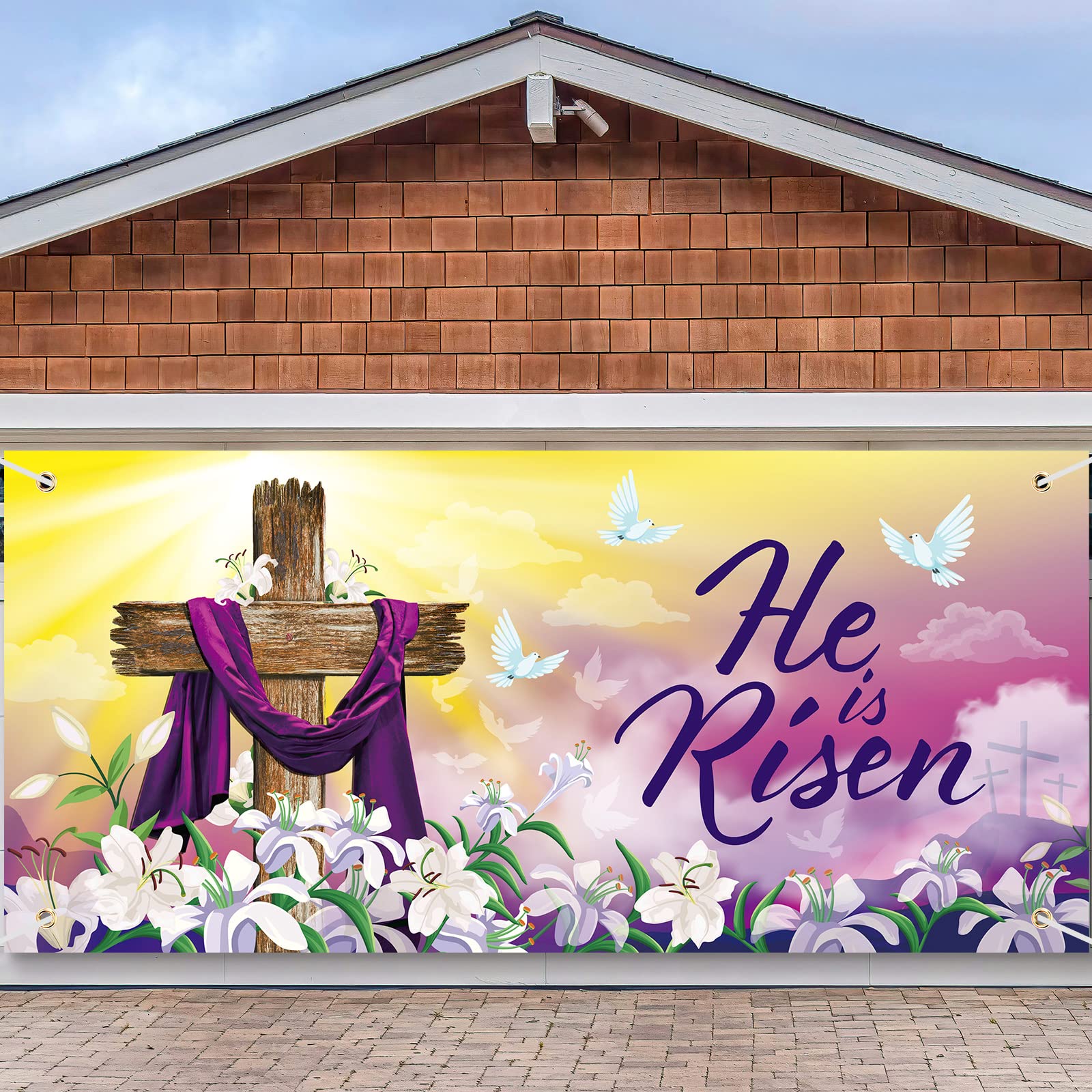 Grande bannière de 4 x 1,8 m pour porte de garage motif de Pâques He Is Risen