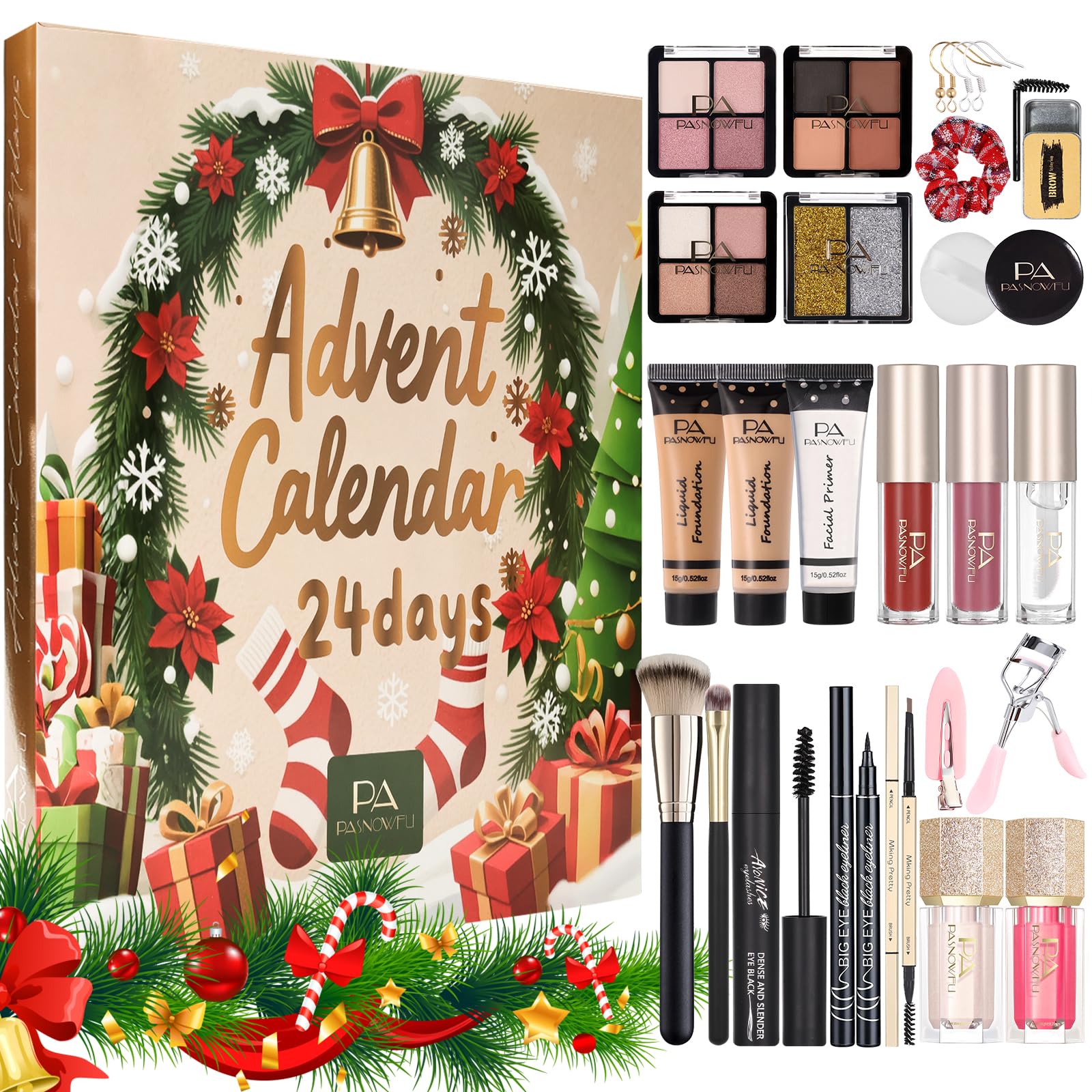Makeup Advent Calendar 2025, 24 Days Christmas Beauty Countdown Calendar Christmas for Women Teen Girl, 2025 Xmas Countdown Calendar Full Makeup Kits Mascara Lipstick Blush Eyeline Brush Yellow