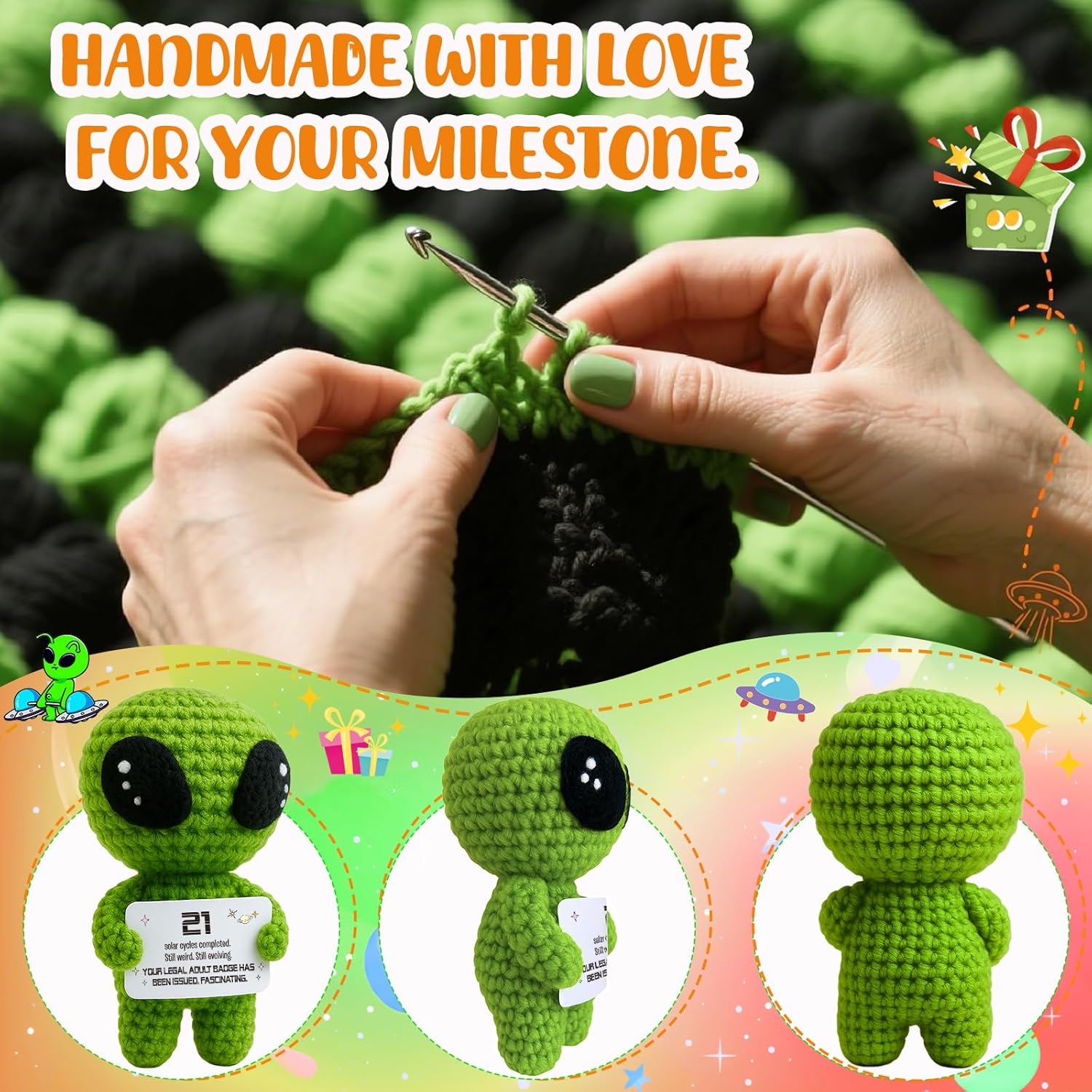 21st Birthday Gifts – Handmade Crochet Alien Plush with Funny Legal Adult Birthday Message Card – Cute 21 Years Old Celebration Gift for Him or Her, Bday Milestone Keepsake - Image 5