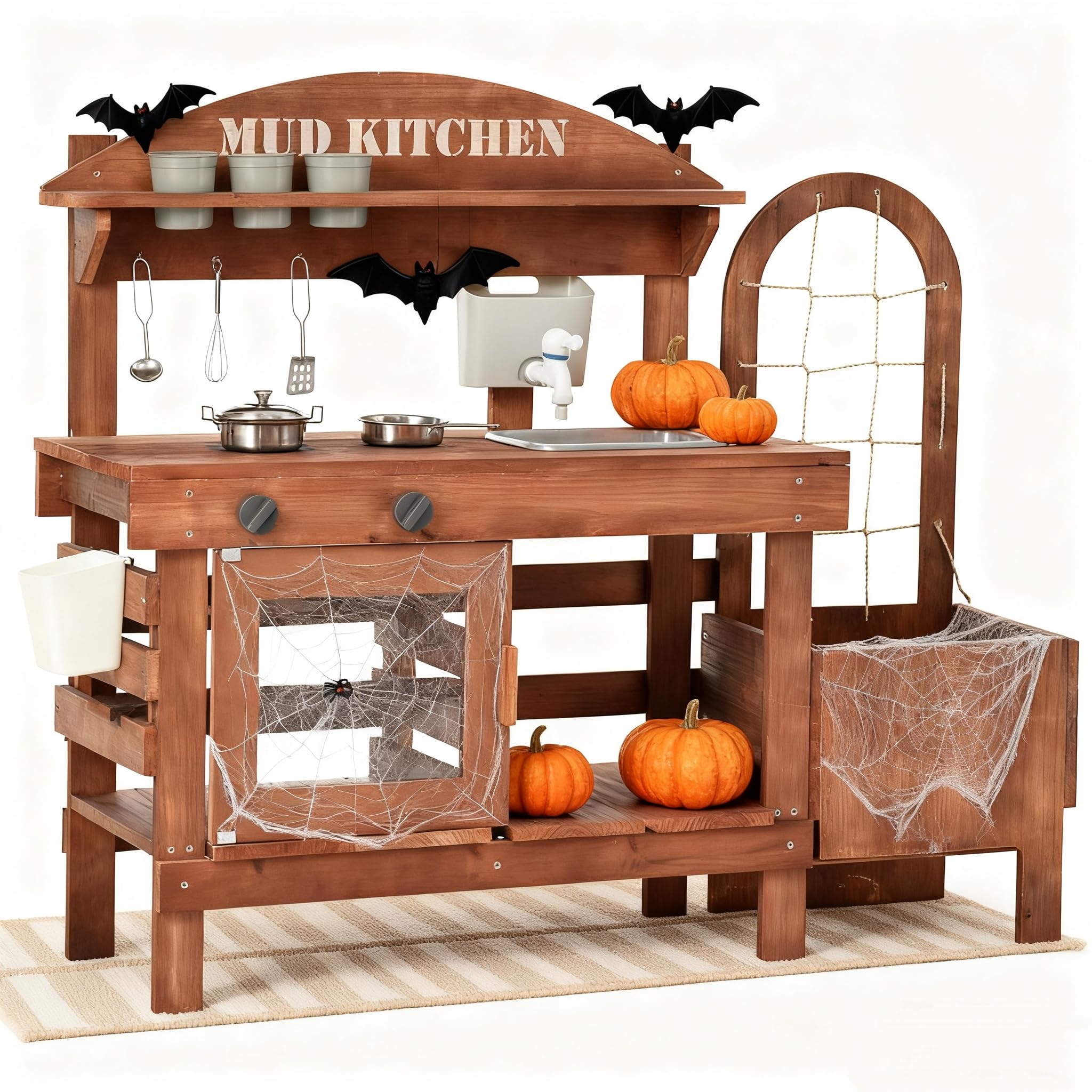 Outdoor Mud Kitchen for Kids 43.7in, Wooden Play Kitchen with Plant Growing Box, Observation Room, Sink, Faucet for Backyard Garden