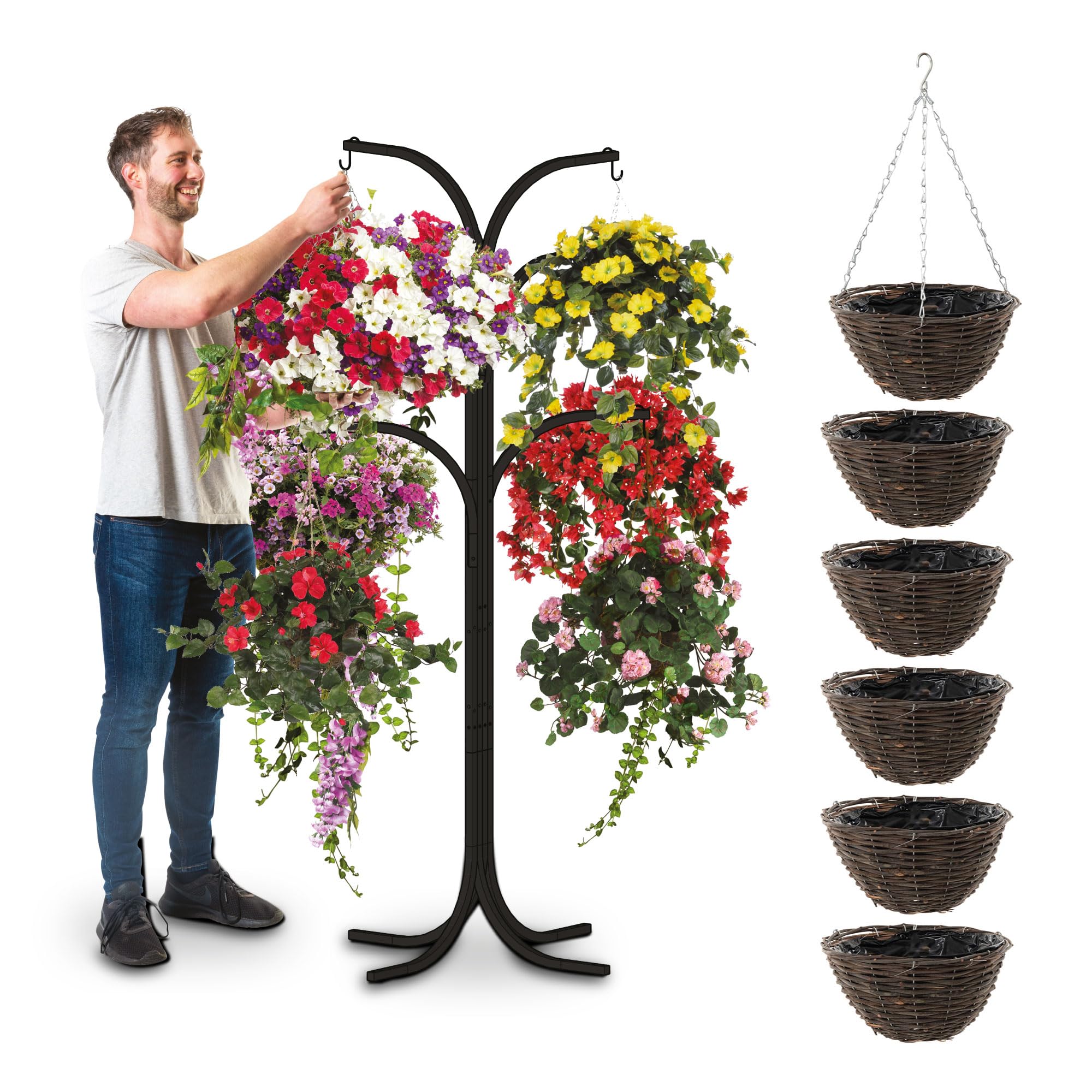 Bishop Brown Flower Hanging Basket Bracket Display Stand Patio Planter Cascade Home Garden Centre Heavy Duty British Made (6 Arm Version With Dark Rattan Baskets)
