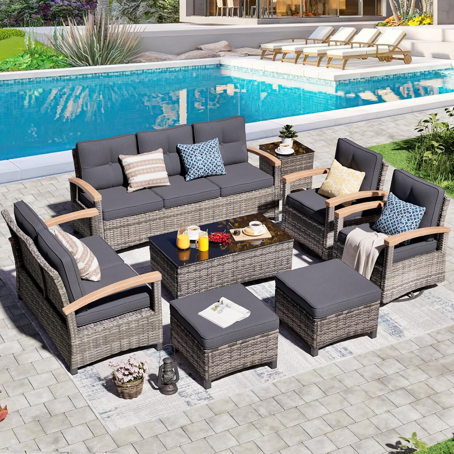 MEISSALIVVE 8 Pieces Patio Furniture Sets, PE Wicker Outdoor Conversation Sets with 2 Wood Armrests Swivel Rocker Chairs, 2 Ottomans, 2 Sofas and Coffee Table(Grey)