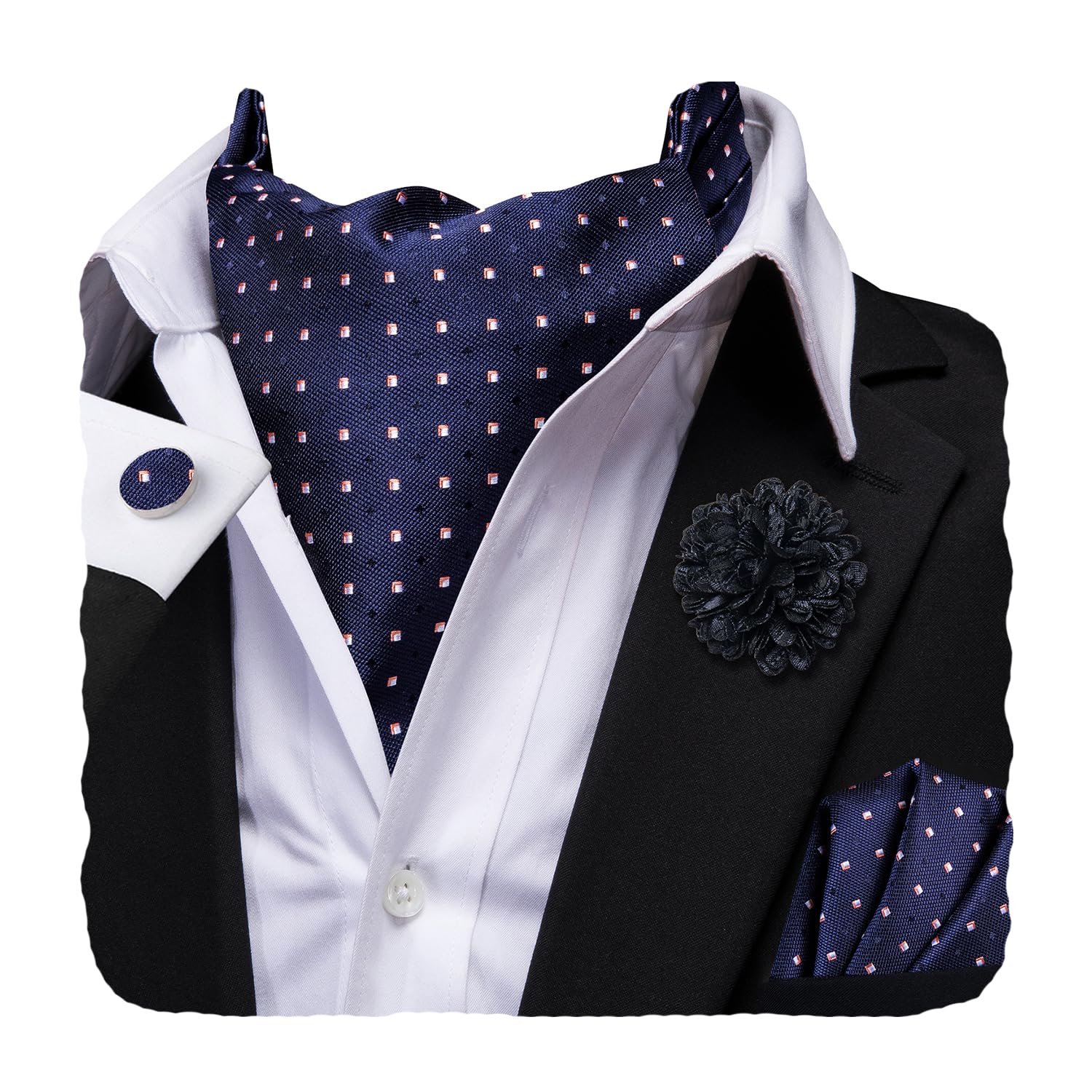 Hi-Tie Silk Ascot for Men Self Tie Men's Cravat and Flower Lapel Pin Handkerchief Cufflinks Set for Wedding Party