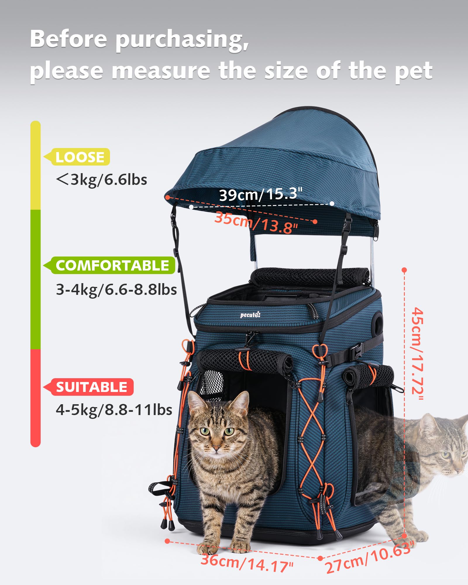 Pecute Katzenrucksack mit Sonnendach für Katzen kleine Hunde bis 5kg,Blau