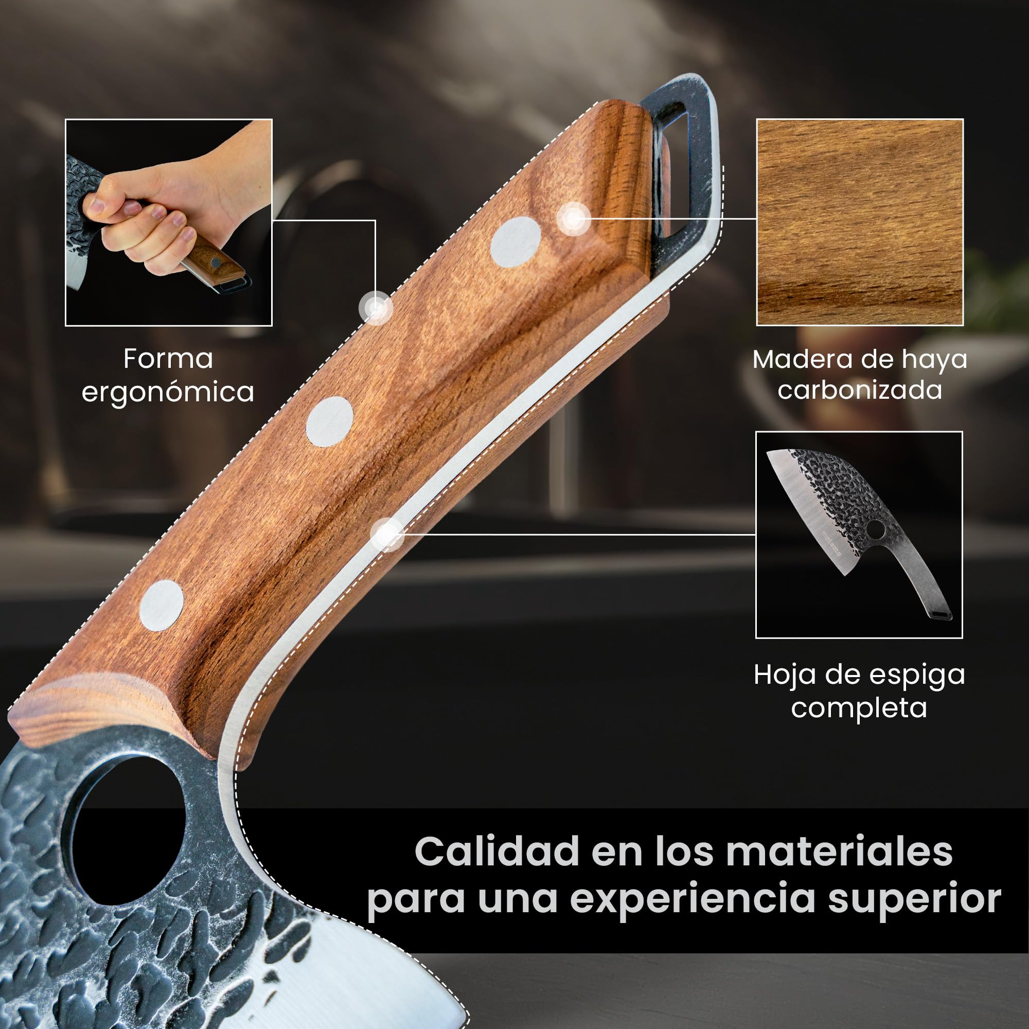 Matsato Cuchillo Carnicero Profesional de Acero Inoxidable con Mango Ergonómico de Madera de Haya, Cuchillo de Cocina Multifuncional para Cortes de Carne, Huesos y Verduras