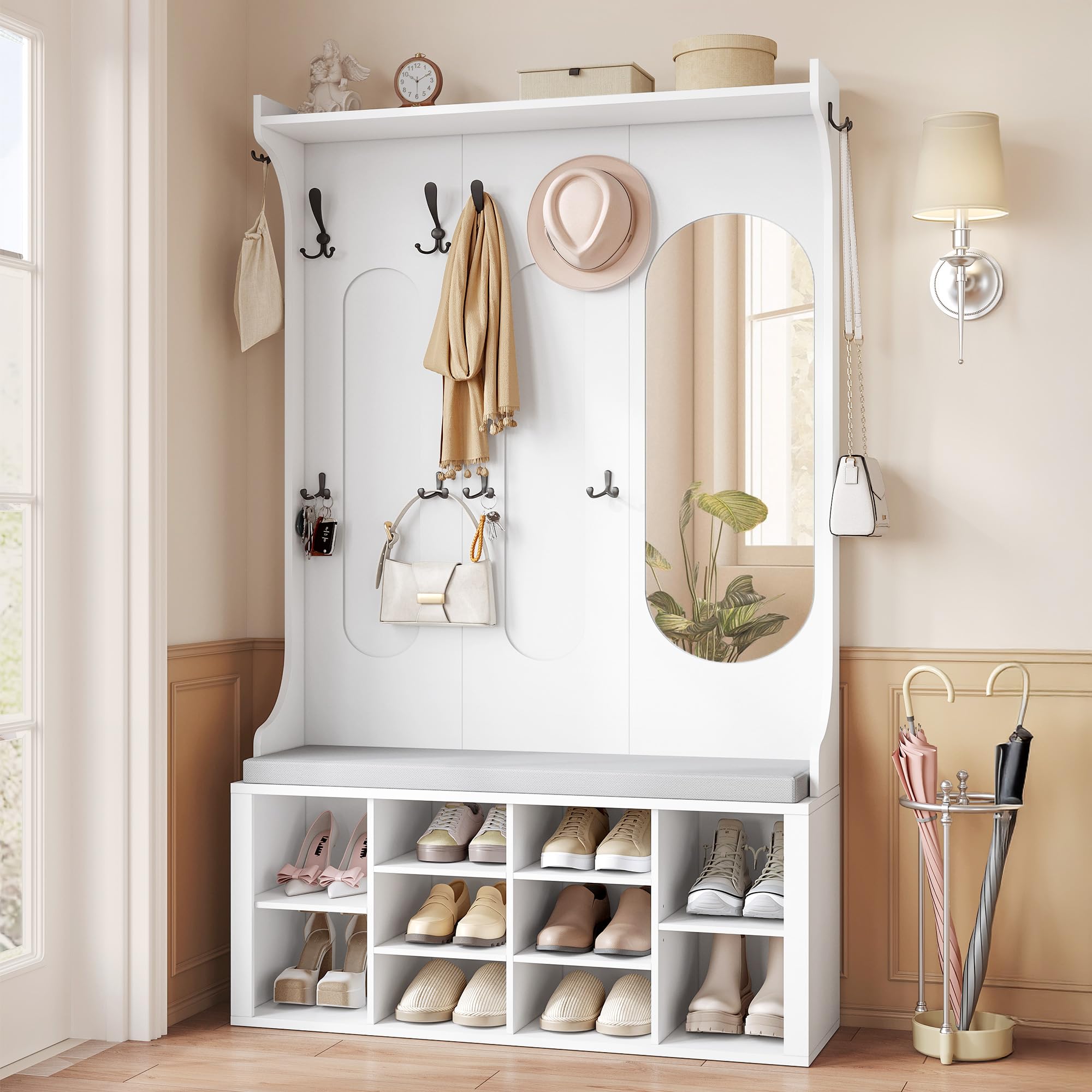 Hzuaneri Perchero con Banco Para Zapatos, Armario con Espejo, Blanco | Almacenamiento de zapatos, 10 ganchos, estantes ajustables, independiente, para recibidor, 35,5 x 100 x 185 cm, HT23503X