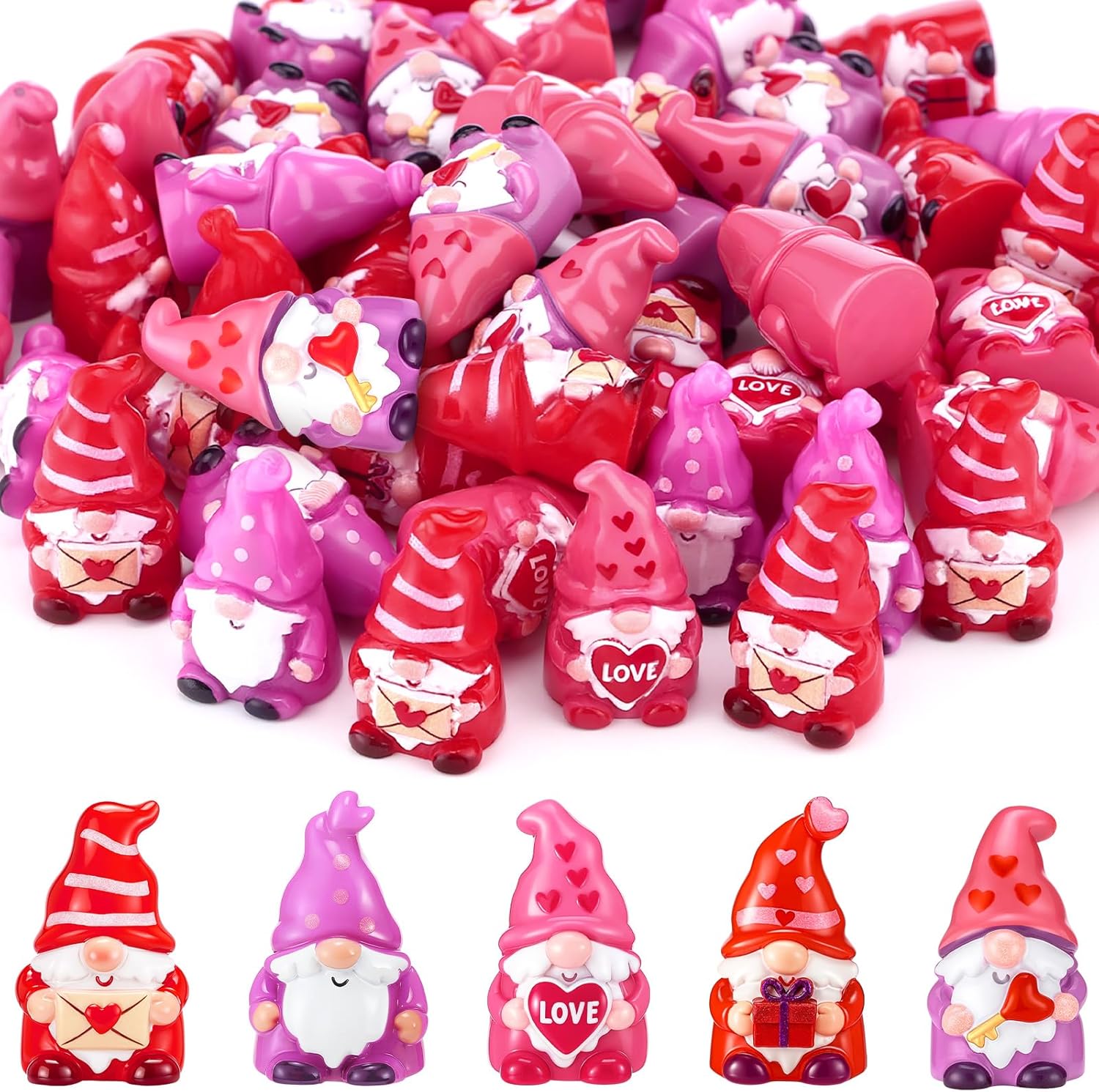 AceOrbit 50 Pcs Mini Valentine's Day Gnome Figurine Heart Miniature Resin Gnomes Decor Tiny Dwarf Gnomes Gifts for Women Anniversary Bride Show Wedding Decorations Garden Ornament to Hide