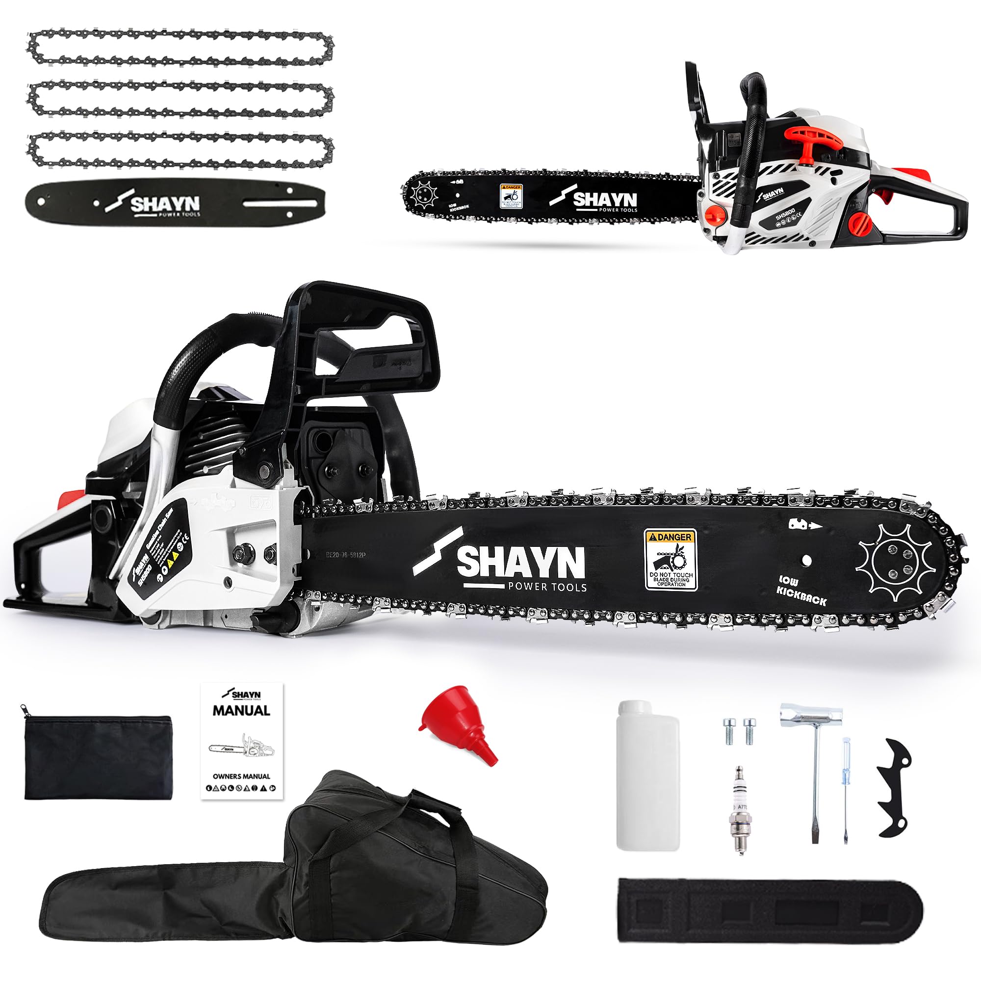 SHAYN Benzynowa piła łańcuchowa 58 cm³, 2-suwowa piła łańcuchowa z górnym uchwytem z drążkiem 50 cm, 3 zapasowe łańcuchy, antywibracyjne, ciche, automatyczne olejowanie, zestaw narzędzi i torba