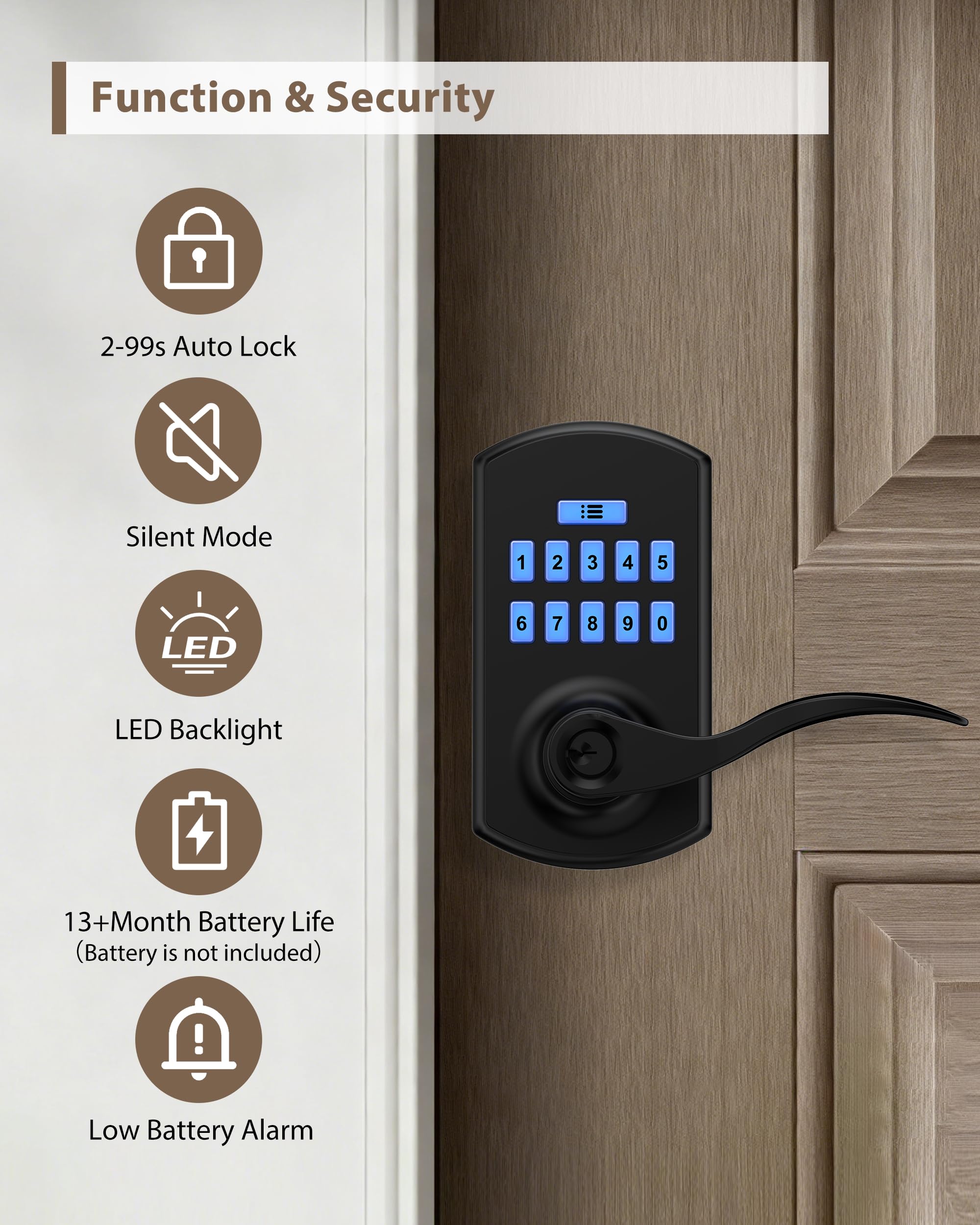Serratura della porta della tastiera con maniglia, serratura elettronica senza chiave con codice, serrature intelligenti per porta d'ingresso, modalità di passaggio facile, blocco automatico, nero