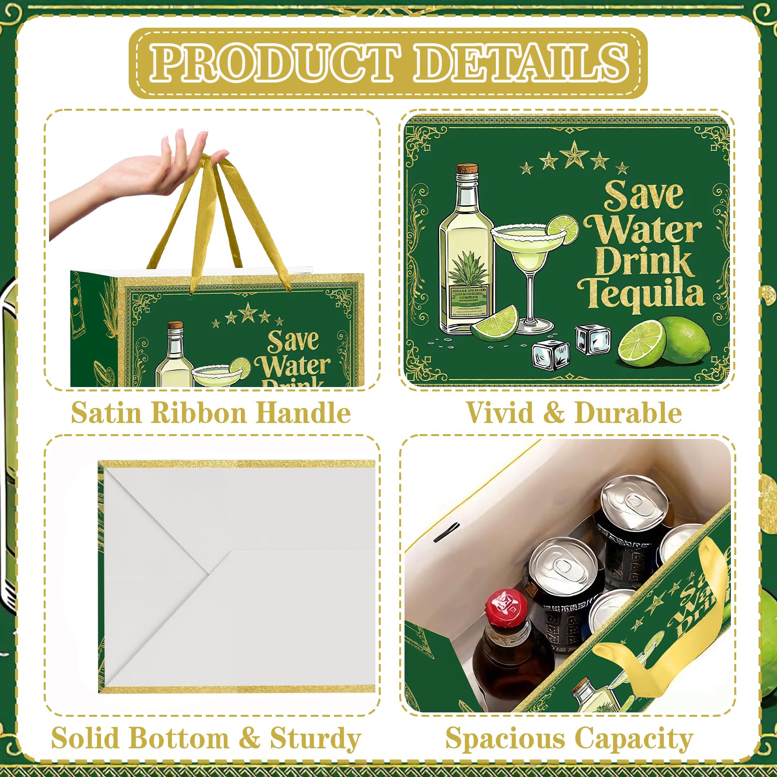 Green Gold Tequila Gift Bag, Margarita All-in-One Set with Greeting Card, Sticker, Envelope, and Tissue Paper, Funny Cocktail Gifts Wrap for Birthday, 21st, Bachelorette, Cinco de Mayo, Mexican Fiesta