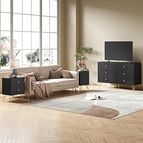 Miniatura 3 de Juego de tocador negro y mesita de noche para dormitorio, juego de 3 piezas con patas de metal, 6 cajones y 2 mesitas de noche con asas doradas,