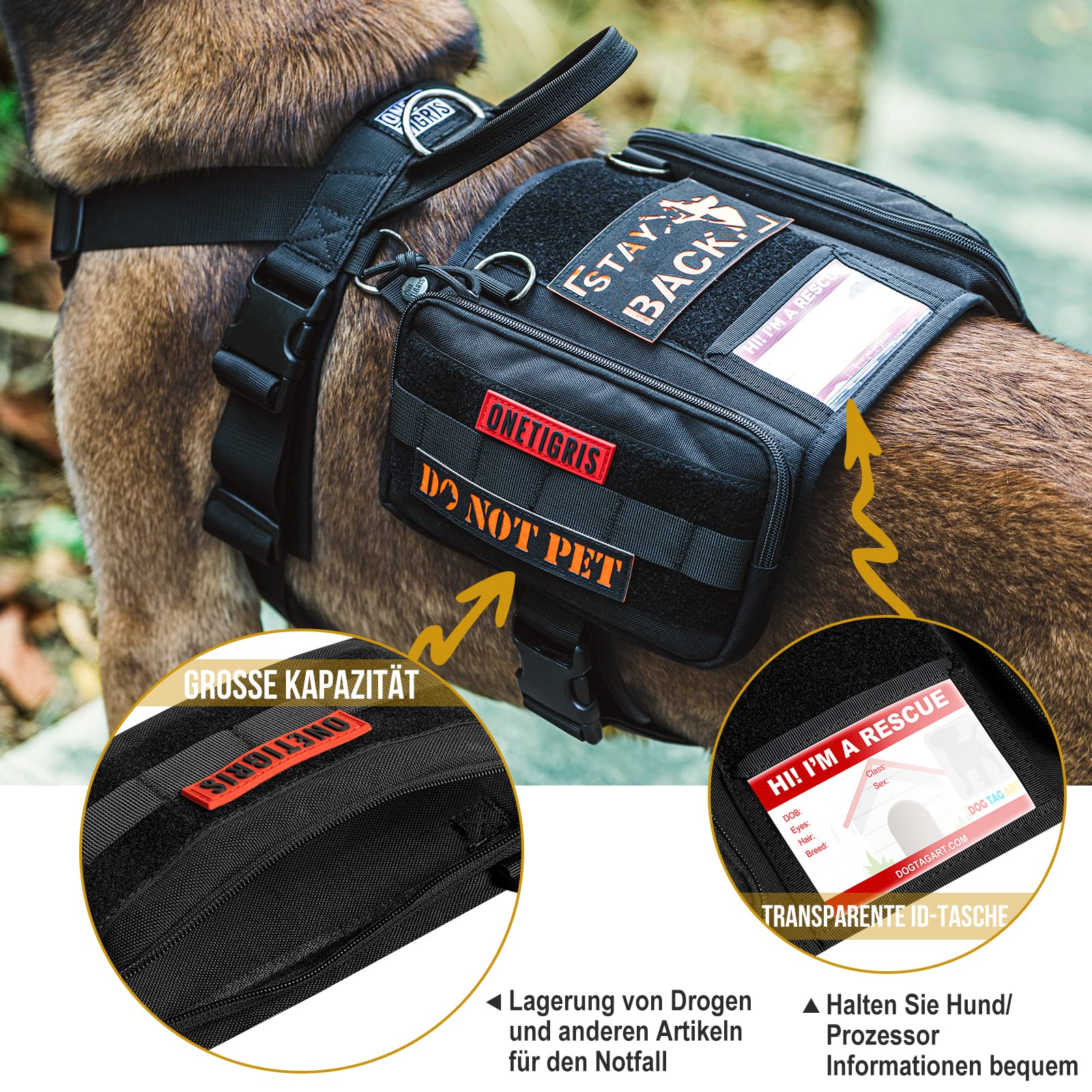 OneTigris Guardian Arnés para Perros Traje, Servicio Arnés para Perros con 3 Anillos D de Acero Inoxidable y Bolsillo de Gran Capacidad, Correa de Pecho con Cómodo Acolchado - Negro