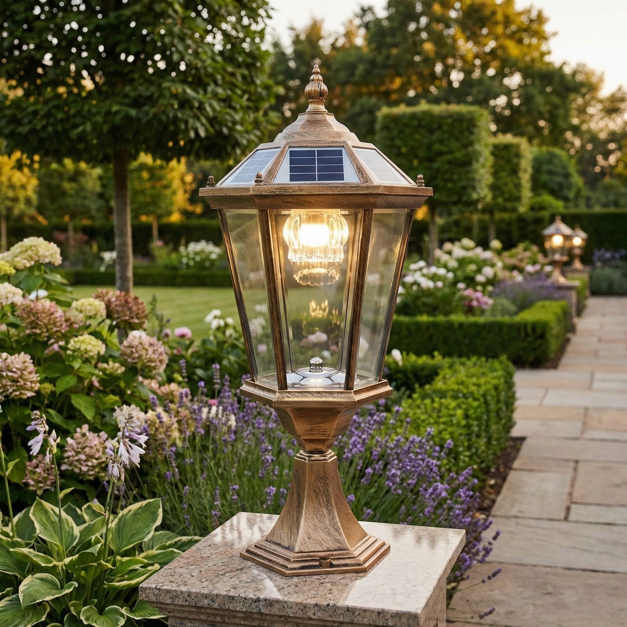 Arnusa Solar Sockelleuchte klassisch Außenleuchte Gartenleuchte Solarlampe Solarleuchte kabellos Duo Color Gartenlaterne warmweiß und kaltweiß Aluminium Glas