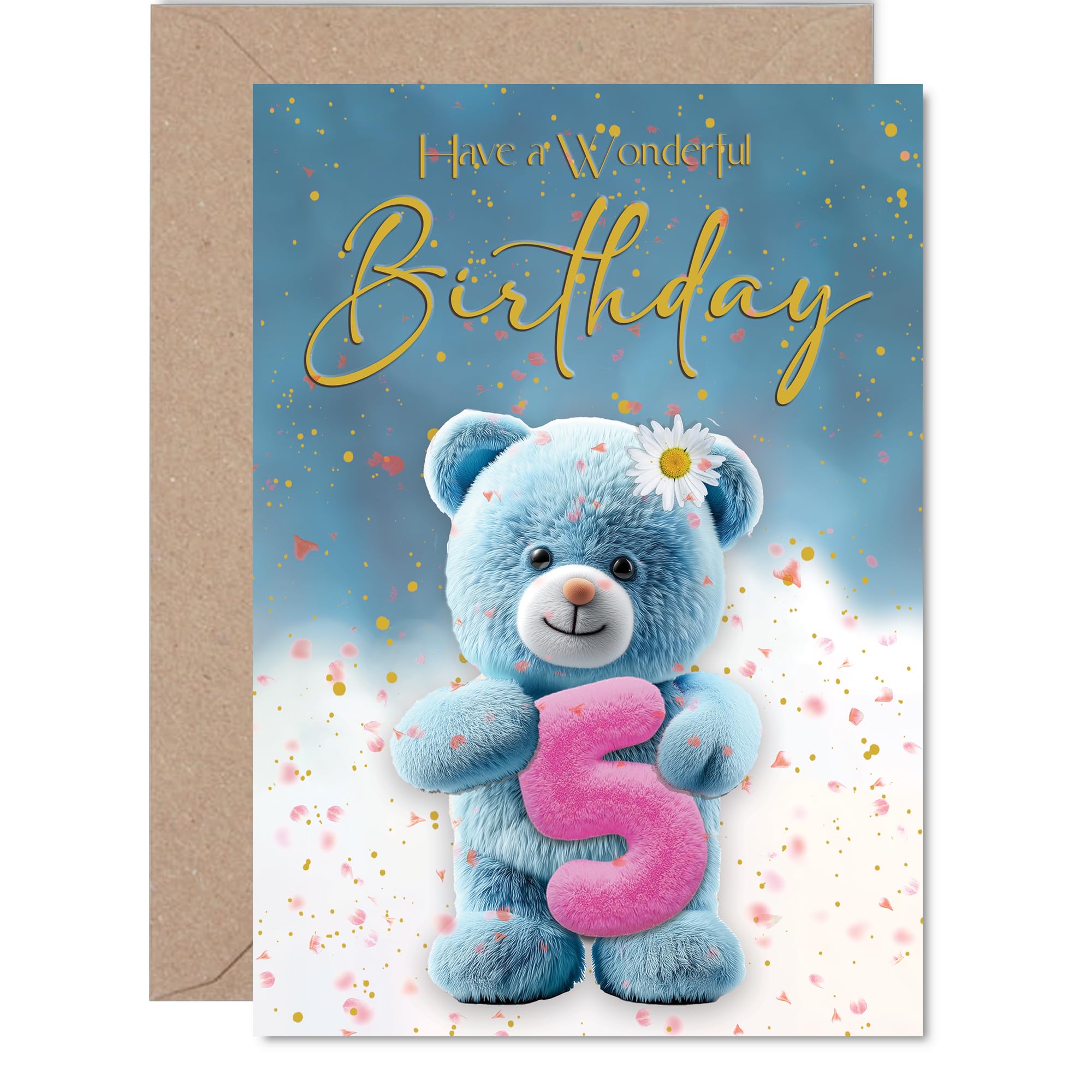 Playful 5th Birthday Card - Bursting with Birthday Cheer - Teddy Bear Hugging a Gold Number 5, Confetti All Around - A5, Envelope Included