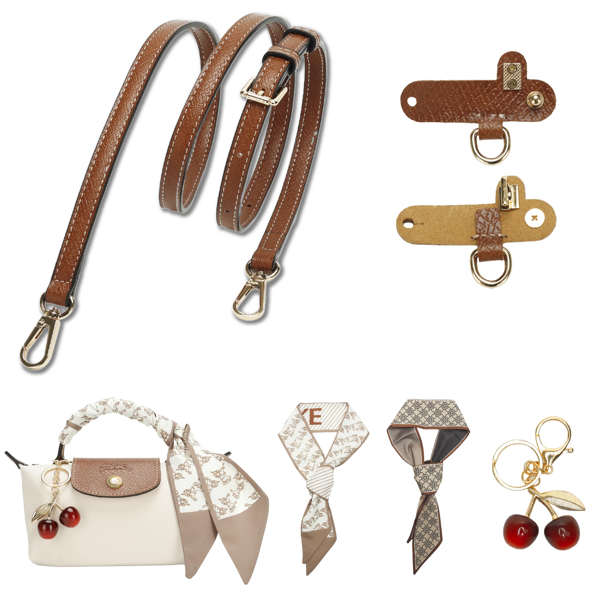 Leather Crossbody Strap Replacement with Cherry Bag Charm and 2 Purse Scarves - Adjustable Shoulder Strap Kit for Longchamp Mini Bag-image-27