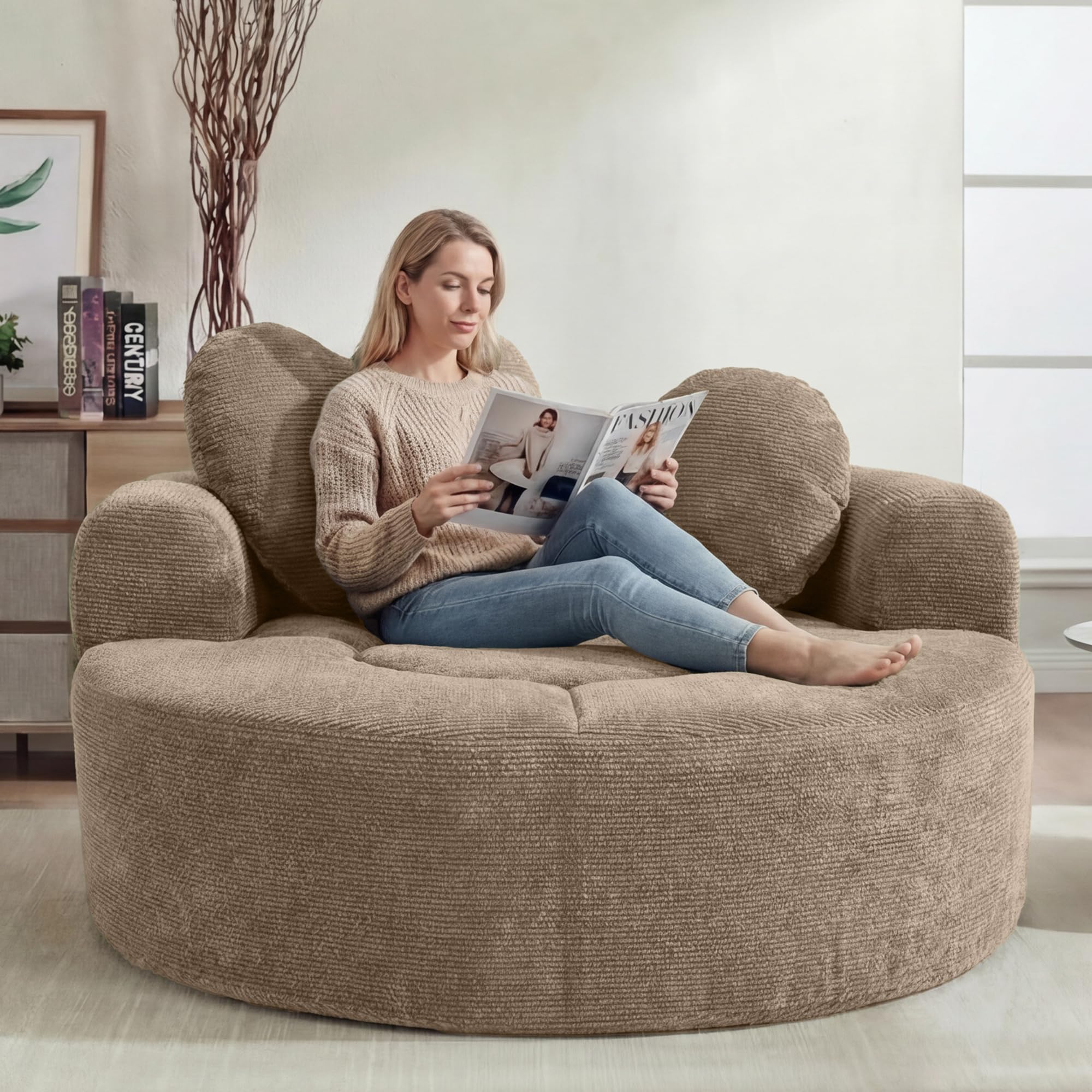 Oversized Round Chair Lounge Chaise Indoor, 54.3" Upholstered Corduroy Deep Seat Single Cloud Sofa Chair with Heart-Shaped Pillow Modern Large Circle Boneless Couch for Living Room, Brown