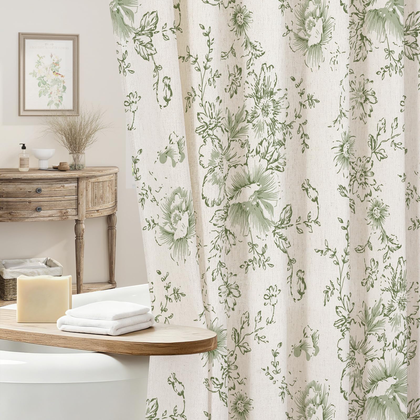 Craidlela Farmhouse Floral Shower Curtain, Extra Long Sage Green Linen Shower Curtains, Vintage Cottagecore Shower Curtain for Bathroom, Tan Taupe, 72x84