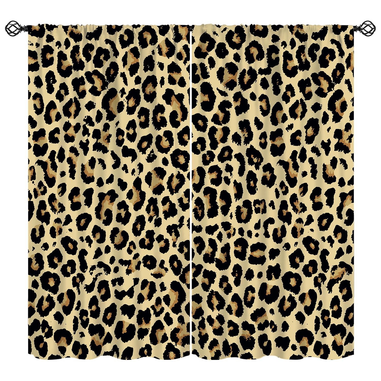 Leopard Curtains, Leopard Pattern Design Wild Animal Skin Spots Print Window Treatments, Retro Rod Pocket Thermal Insulation Drapes for Bedroom Living