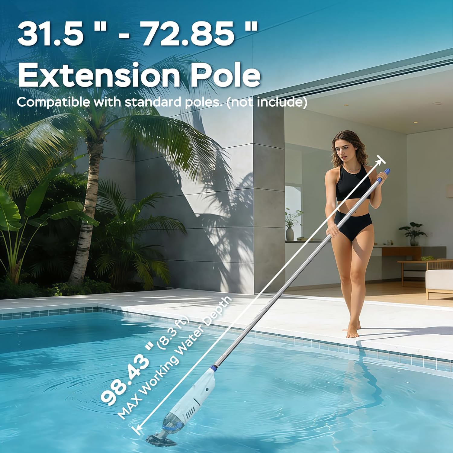 Cordless Handheld Pool Vacuum Cleaner, Upgraded 18.5GPM Powerful Suction for Above Ground Pool & Inground Pool, 1H Runtime, 45W Rechargeable Handheld Pool Vacuum with 72.85"Pole & 4 Filter bags