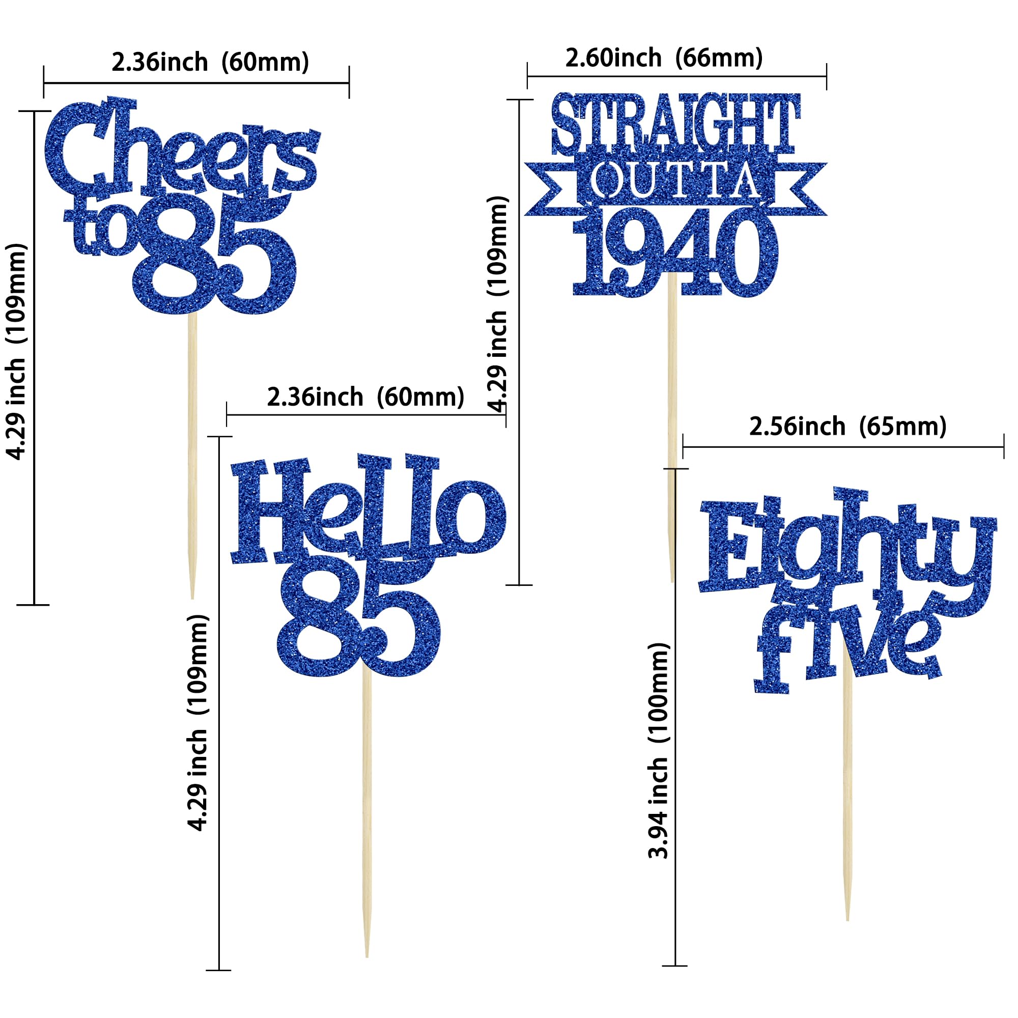 Ephlyn 24Pcs 85th Birthday Cupcake Toppers Glitter Straight Outta 1940 Cupcake Picks Hello 85 Cheers to 85 Years Cake Decorations for 85th Birthday Anniversary Party Decorations Supplies Blue